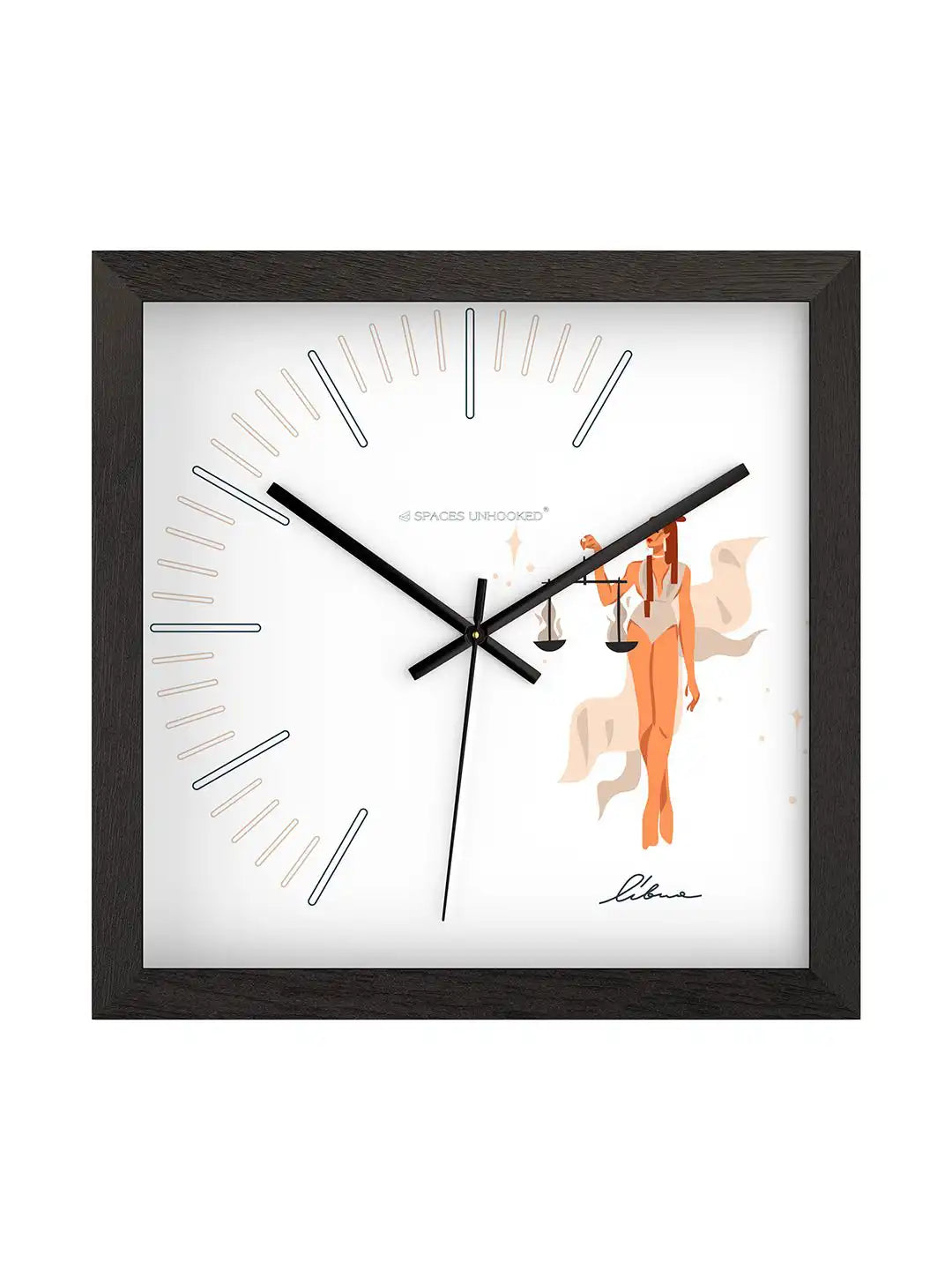 Spaces Unhooked Libra Zodiac Square Wooden Wall Clock with Dark Wood Frame and Woman Illustration Dial - Modern Wood Wall Clock for Living Room