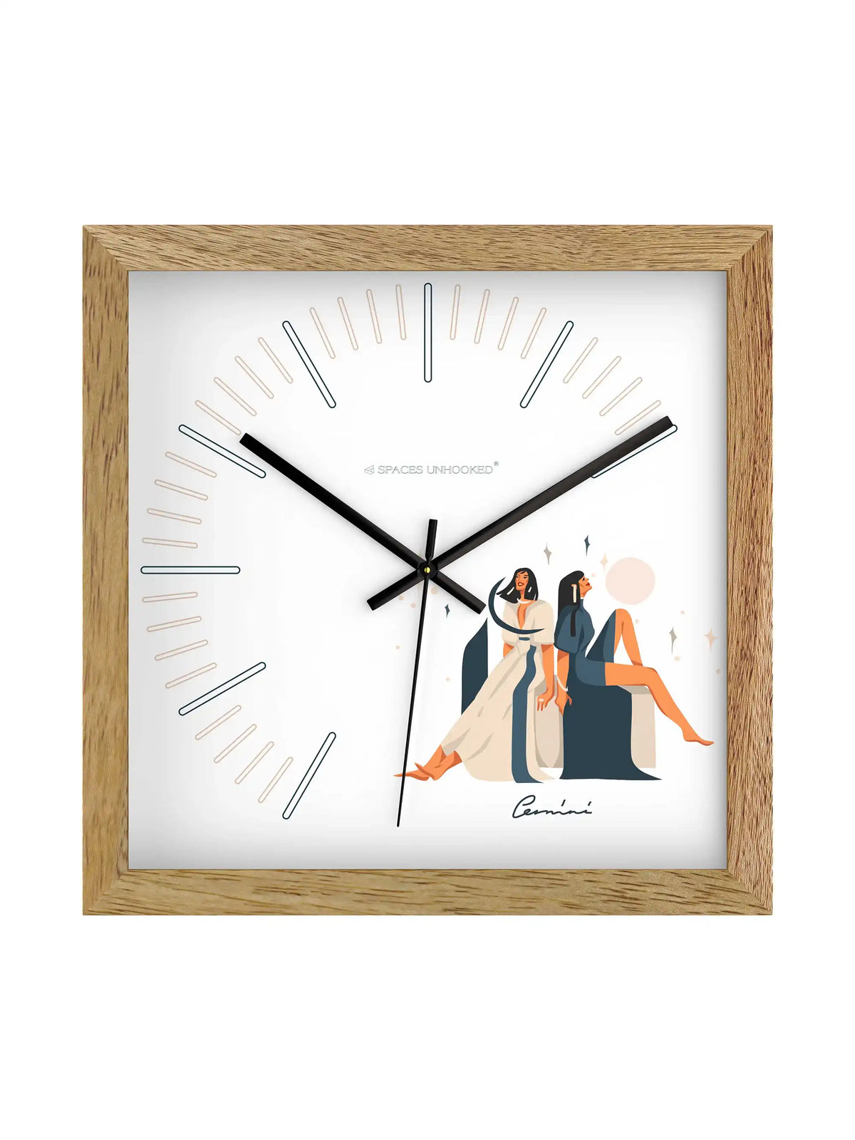 Gemini Zodiac Wooden Clock Styled on Tabletop with Crystal Decor, Geometric Ornaments and Indoor Plant
