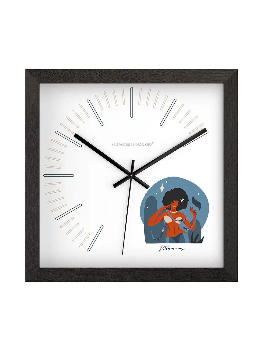 Close-up view of contemporary wall clock with black frame, metal hands, and clean dial markings.