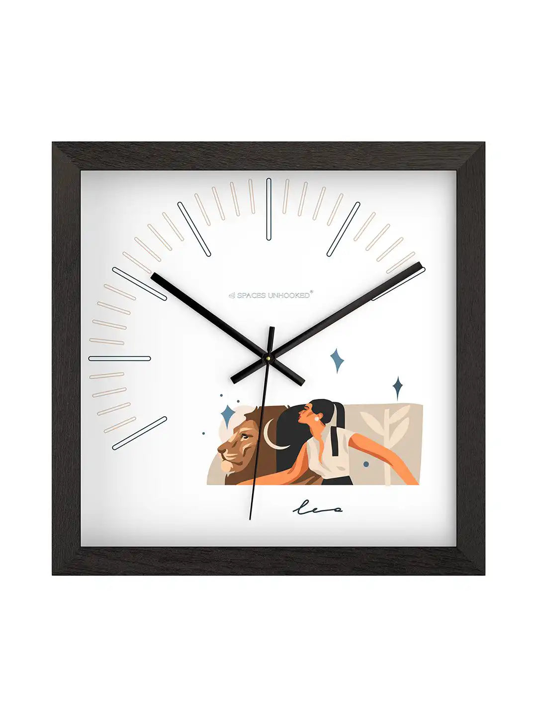 Angled top view of Leo-themed wall clock highlighting deep black hardwood frame, sleek metal hands, and modern dial markers.
