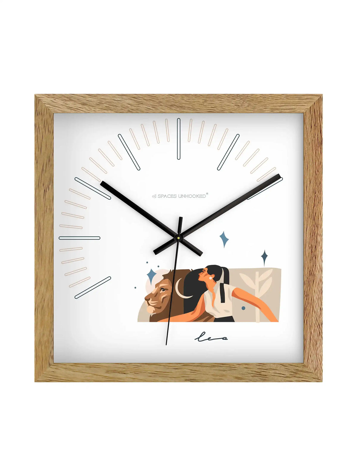Leo Zodiac Light Wood Wall Clock – Side View Natural Oak Frame Deep Shadow Box | Spaces Unhooked
