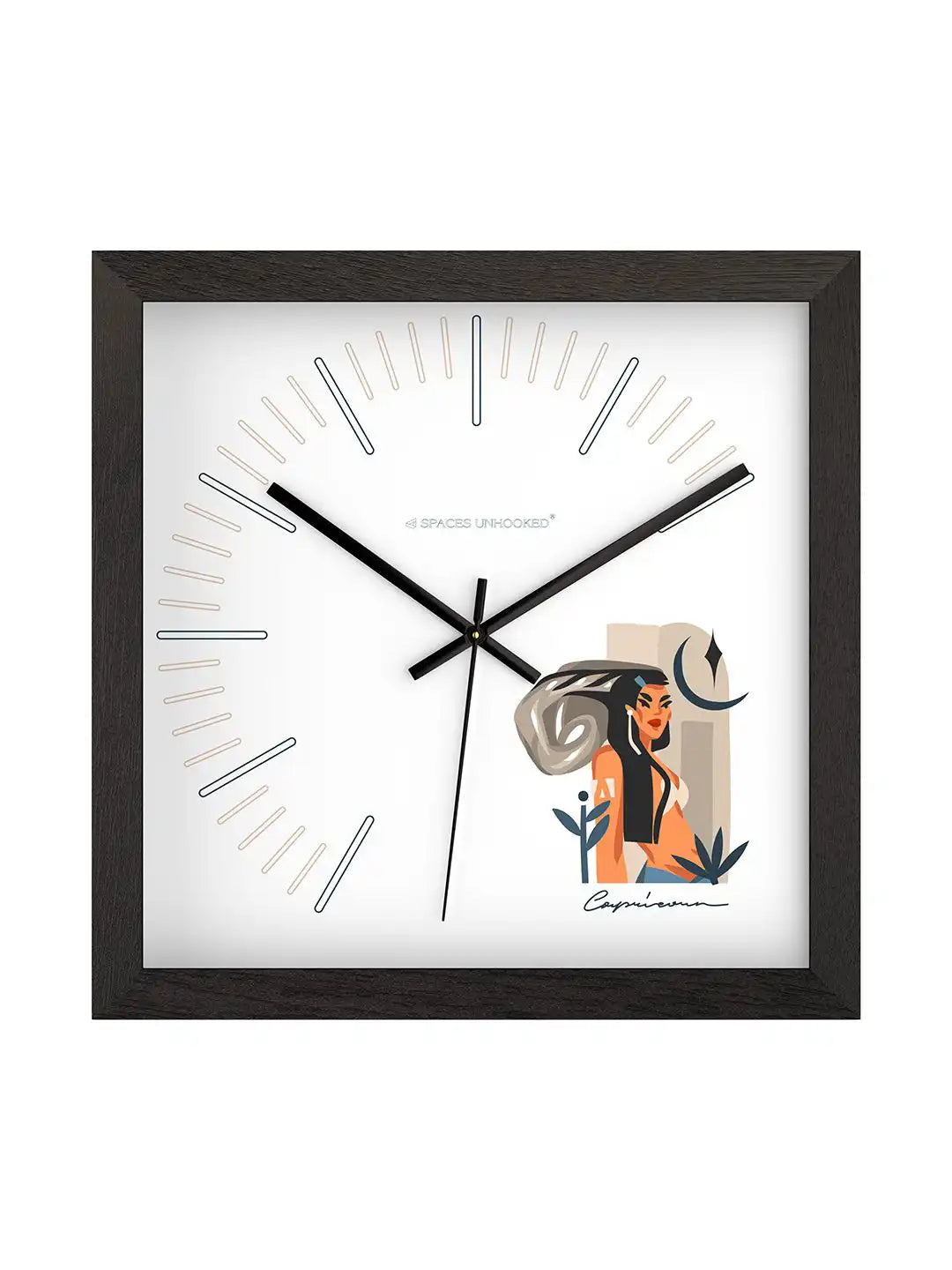 Capricorn zodiac wooden wall clock front view, modern square wall clock with Capricorn artwork, premium dark wood frame clock for home décor