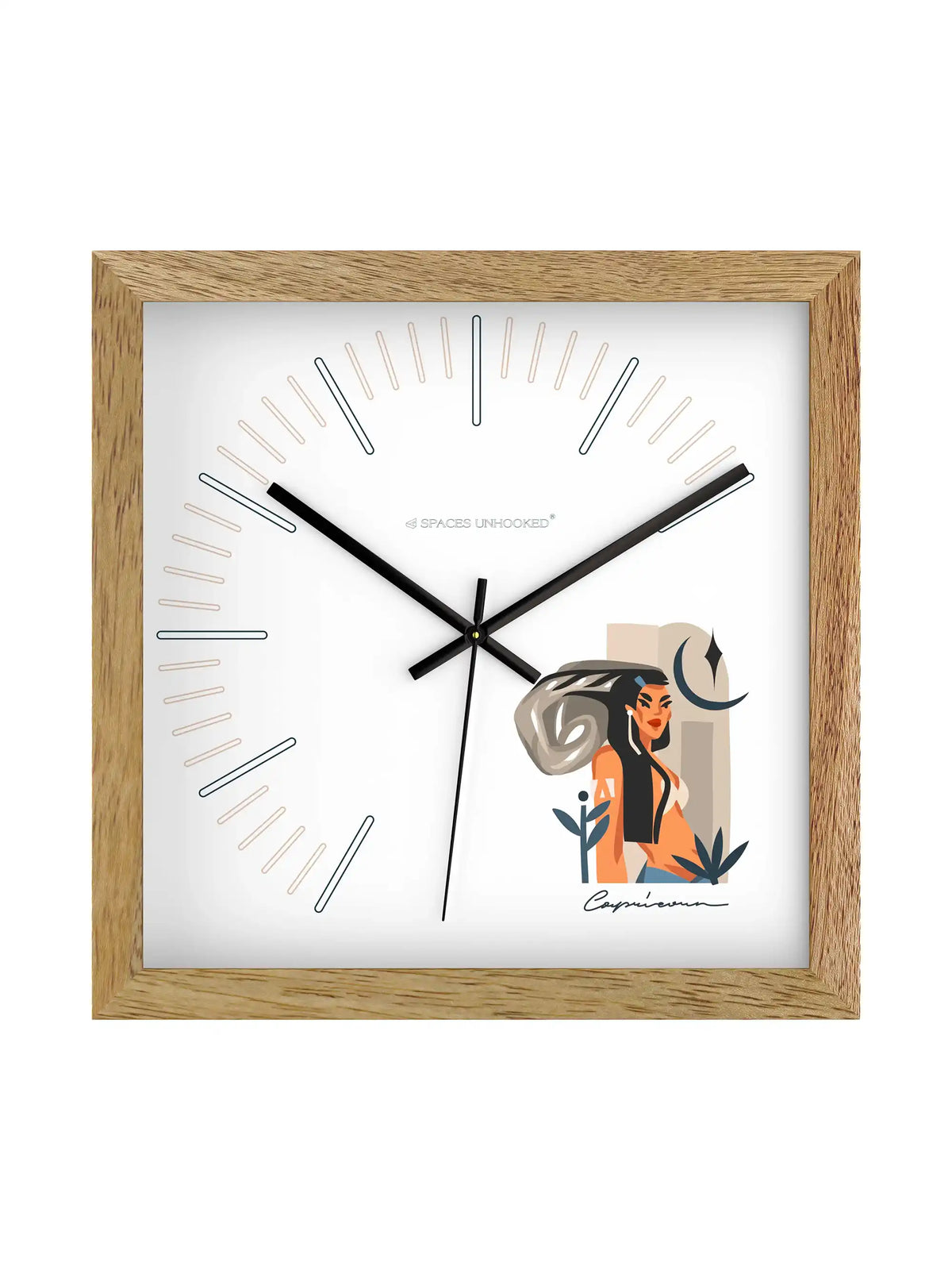 Capricorn Zodiac Light Wood Wall Clock – Side View Natural Oak Frame Boho Woman Illustration Deep Shadow Box | Spaces Unhooked