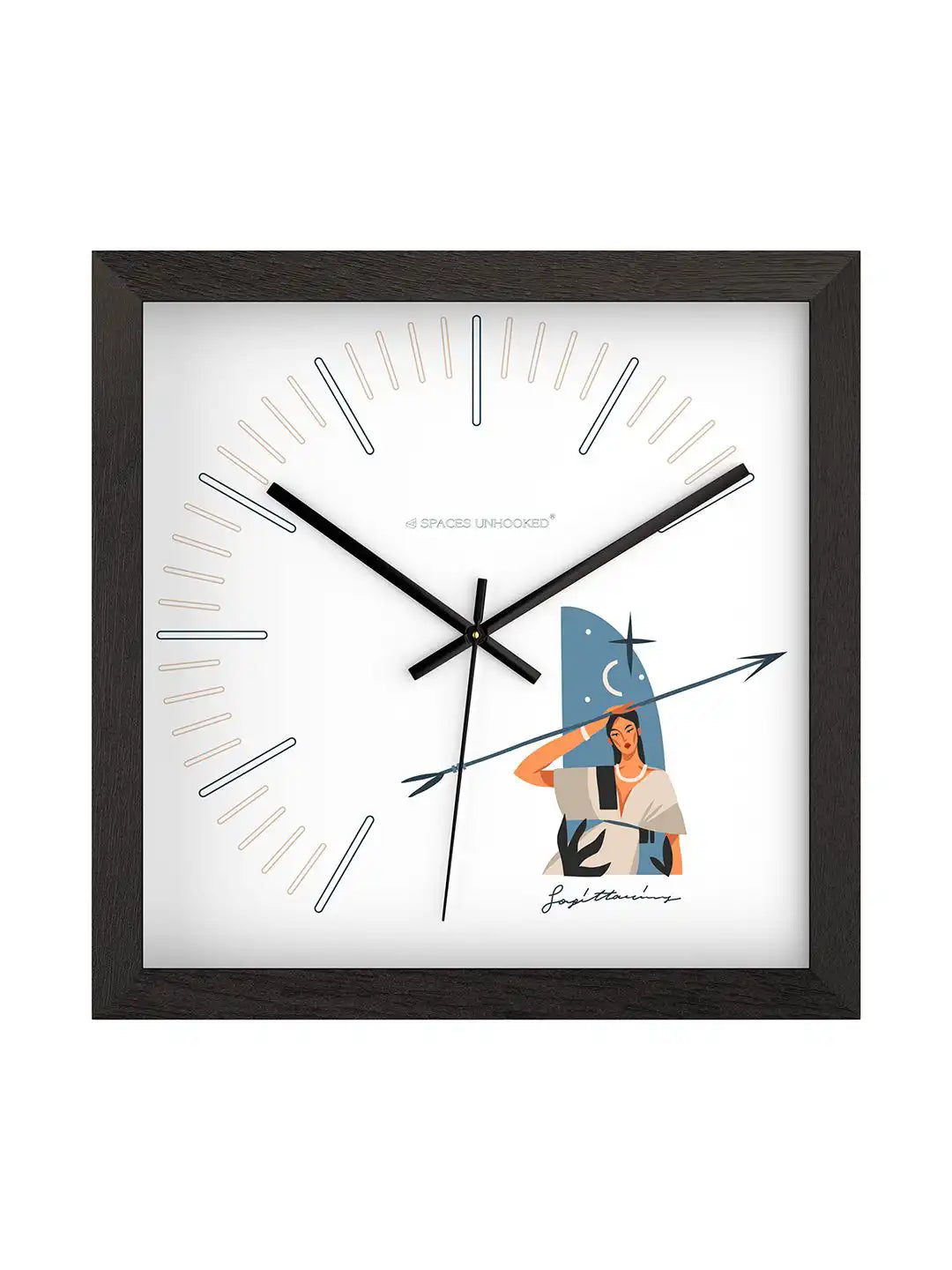 Three-quarter perspective view of the Sagittarius zodiac wall clock featuring a black wooden frame, contemporary dial layout, and artistic zodiac-inspired artwork.