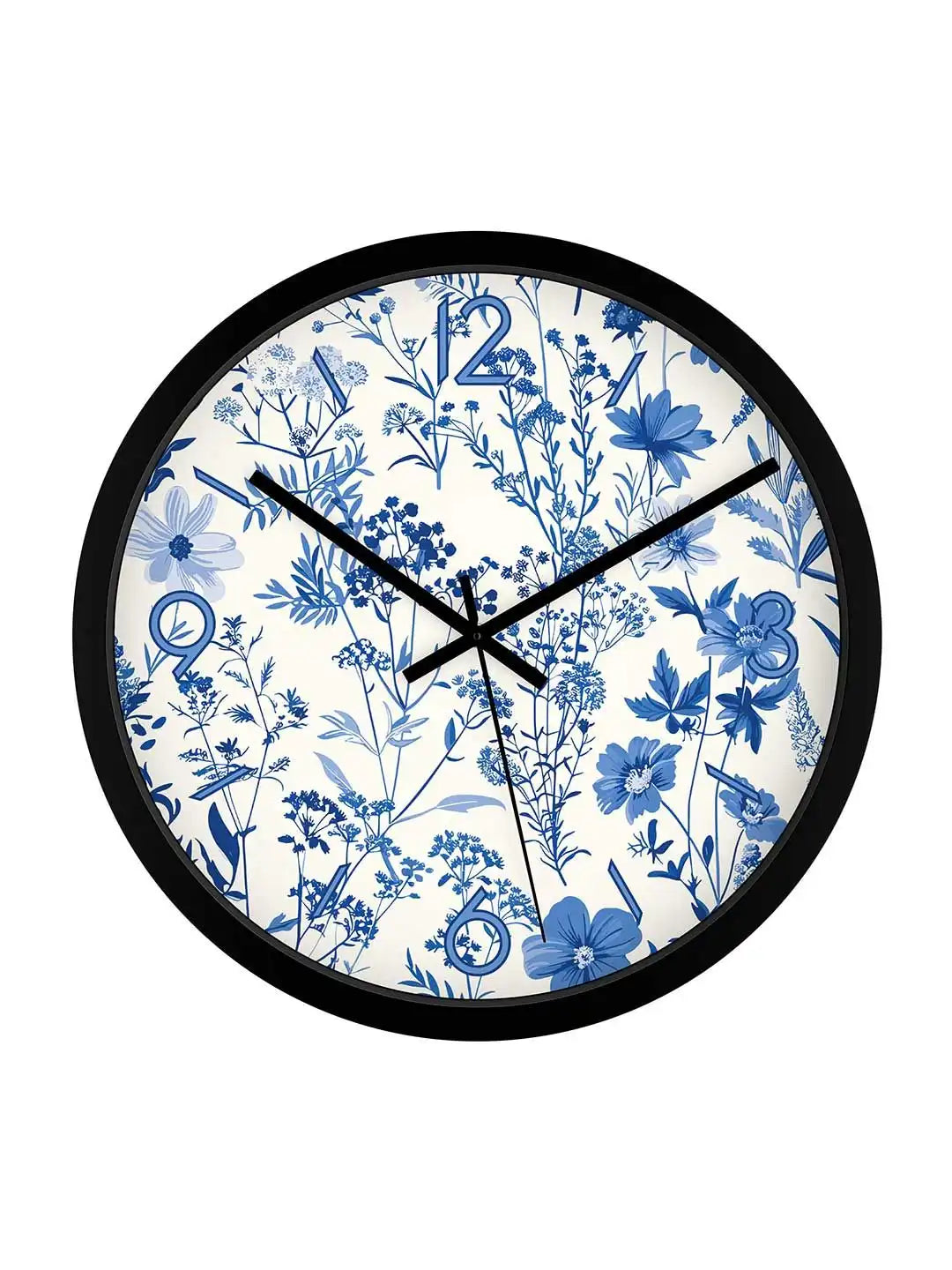 Front White – Front view of plastic wall clock with blue botanical floral print dial