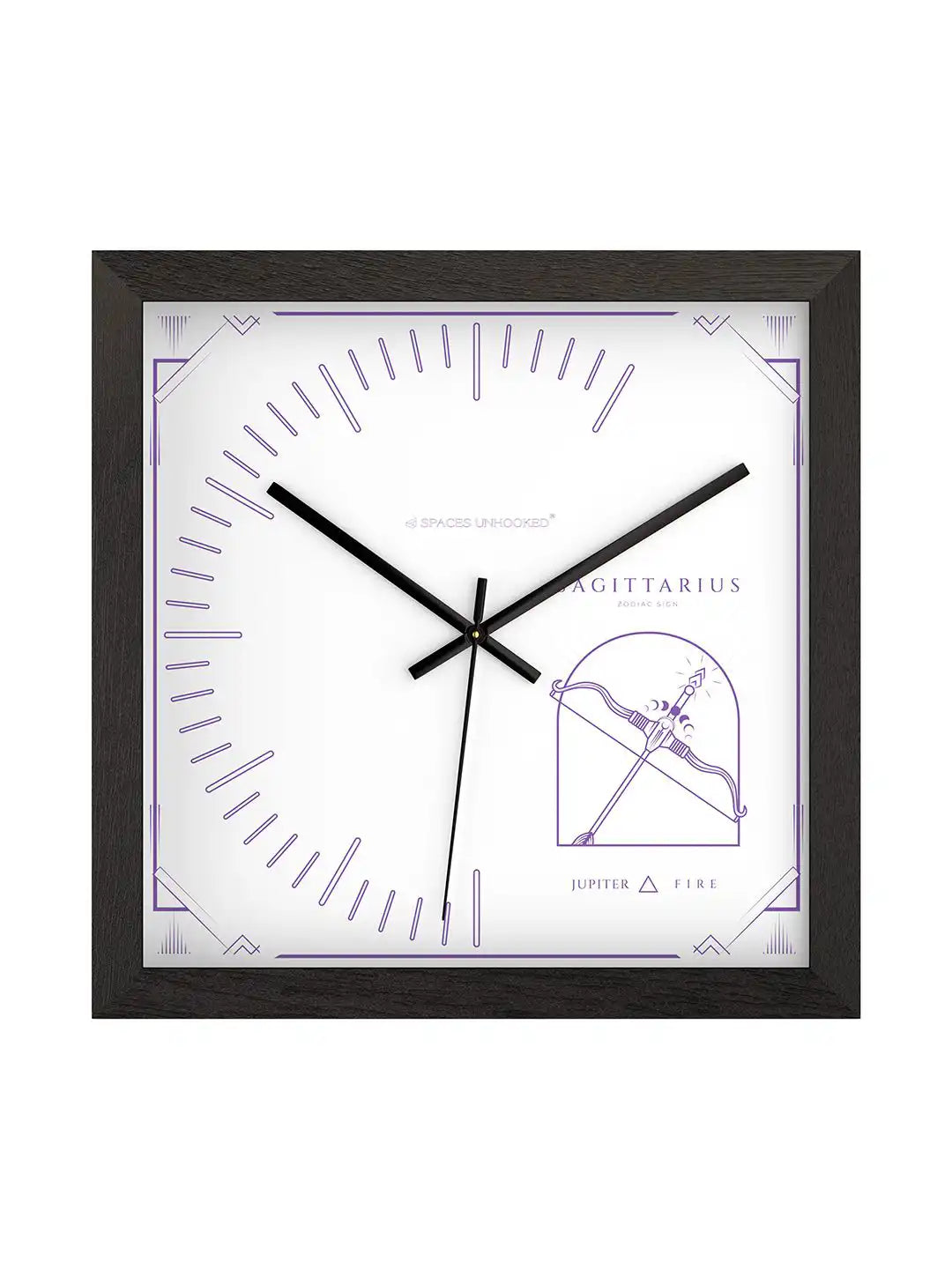 Sagittarius wooden wall clock front view, large wooden wall clock with dark wood frame, modern wood wall clock for living room and office décor