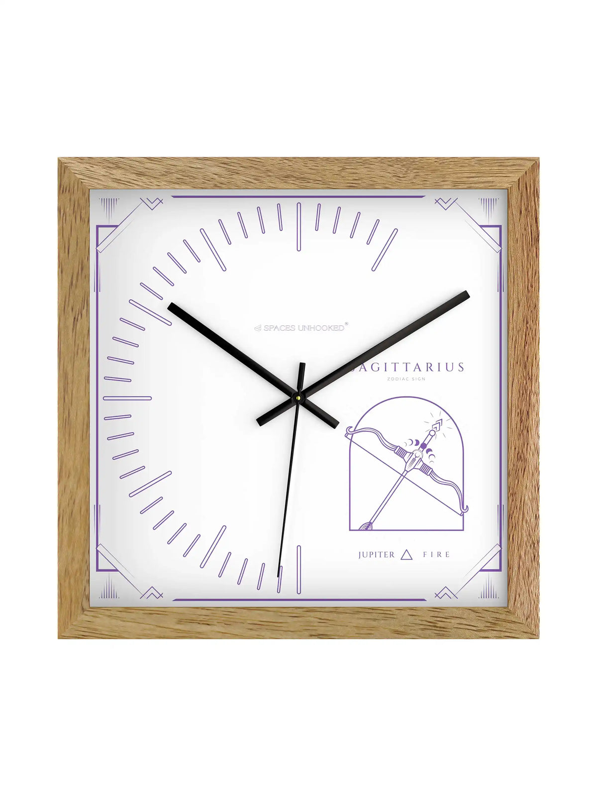 Sagittarius Zodiac Light Wood Wall Clock – Side View Natural Oak Frame Purple Celestial Deep Shadow Box | Spaces Unhooked