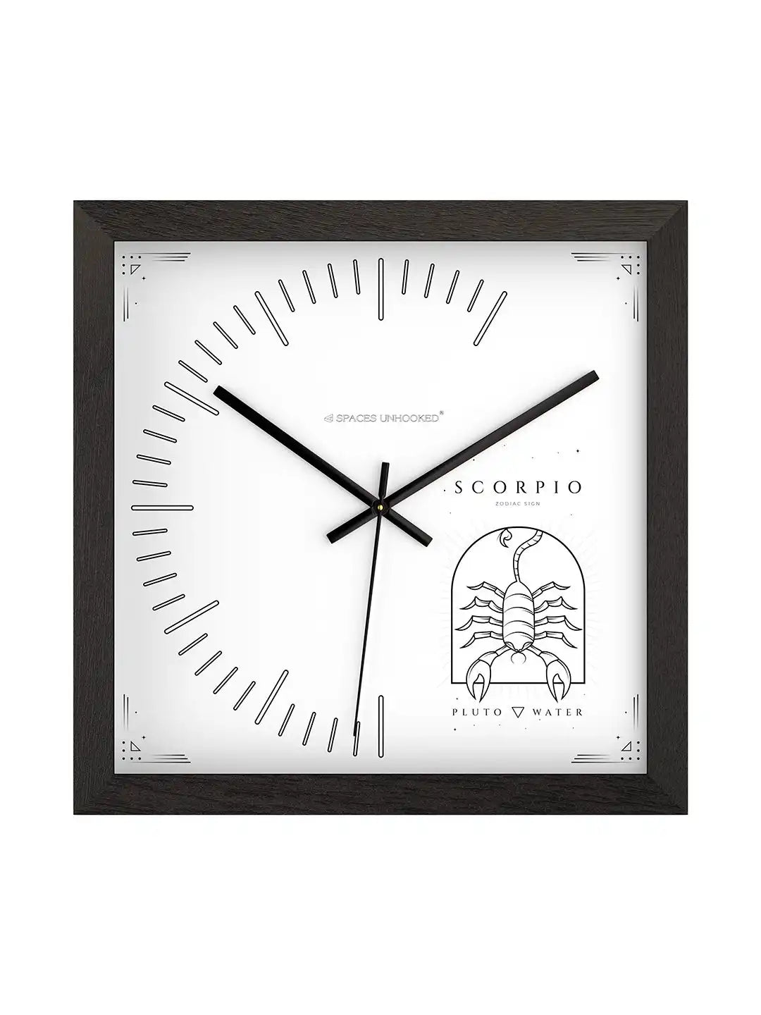 Scorpio wooden wall clock front view, large wooden wall clock with dark wood frame, modern wood wall clock for living room and office décor