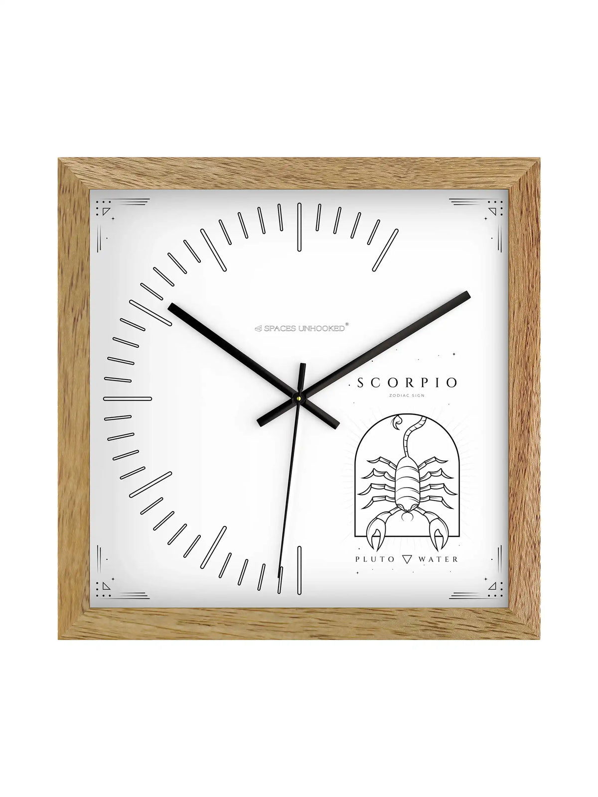 Scorpio Zodiac Light Wood Wall Clock – Side View Natural Oak Frame Pluto Water Deep Shadow Box | Spaces Unhooked