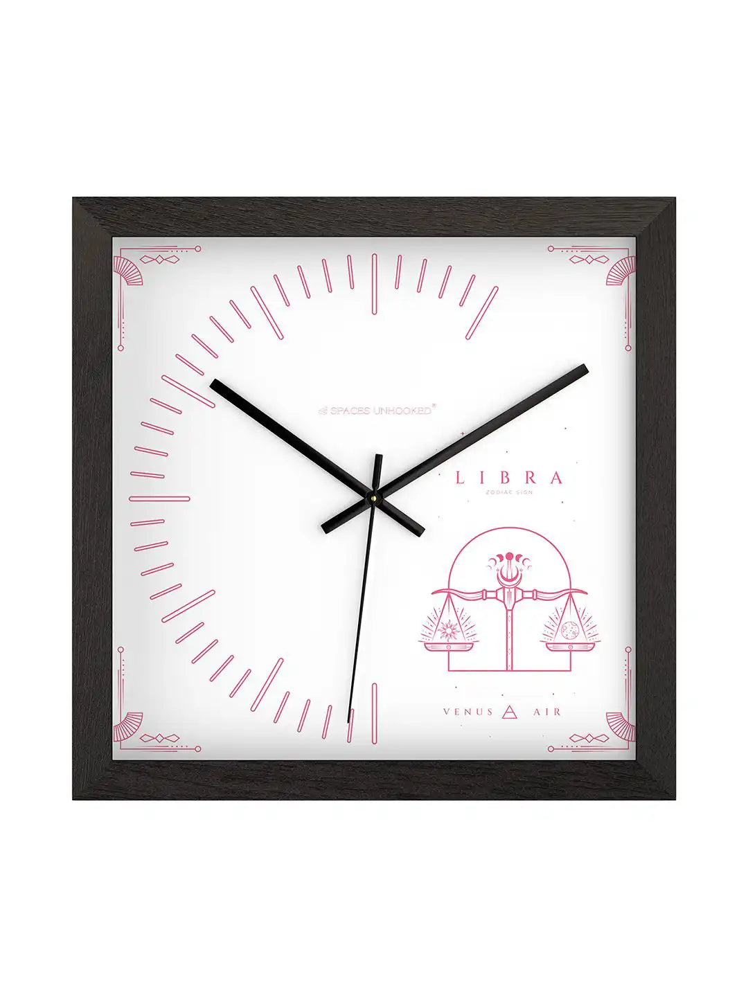 Spaces Unhooked Libra Zodiac Square Wooden Wall Clock with Dark Wood Frame and Pink Tarot Card Dial - Modern Wood Wall Clock for Living Room