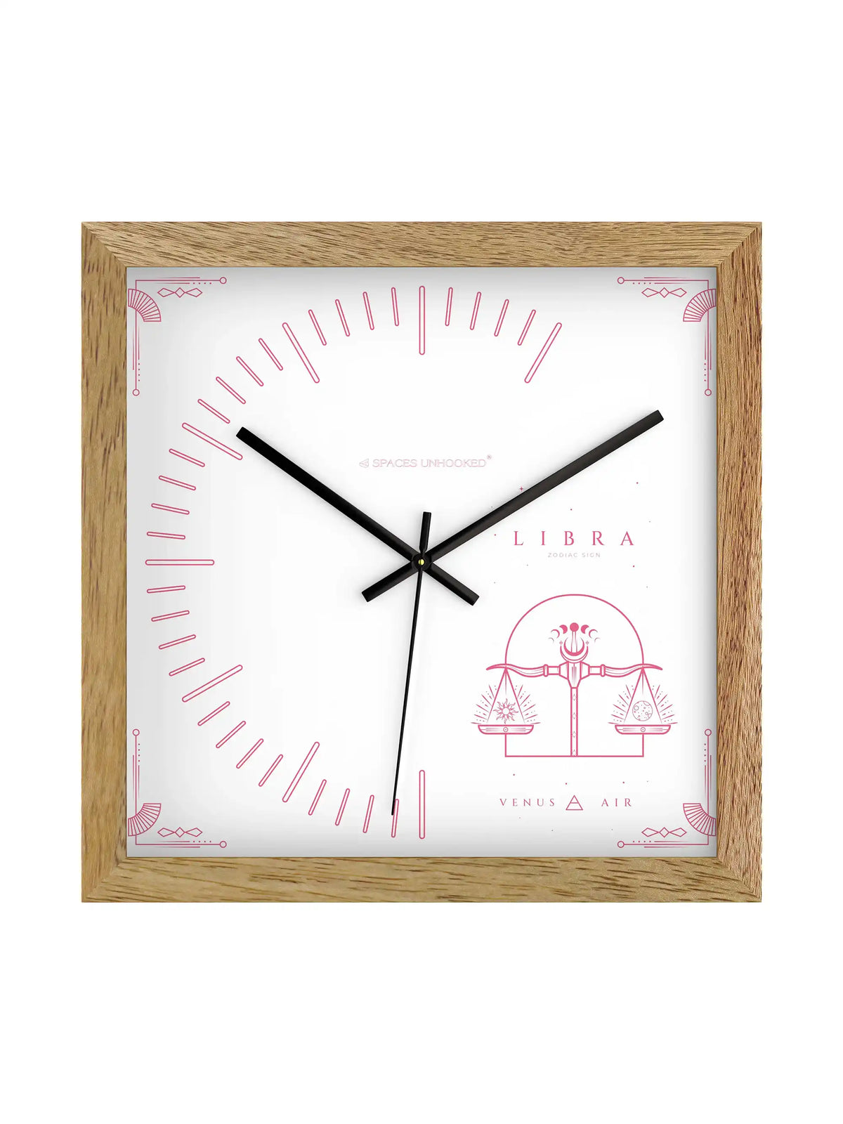 Libra Zodiac Wall Clock – Front View Natural Oak Frame White Dial Pink Zodiac Print | Spaces Unhooked
