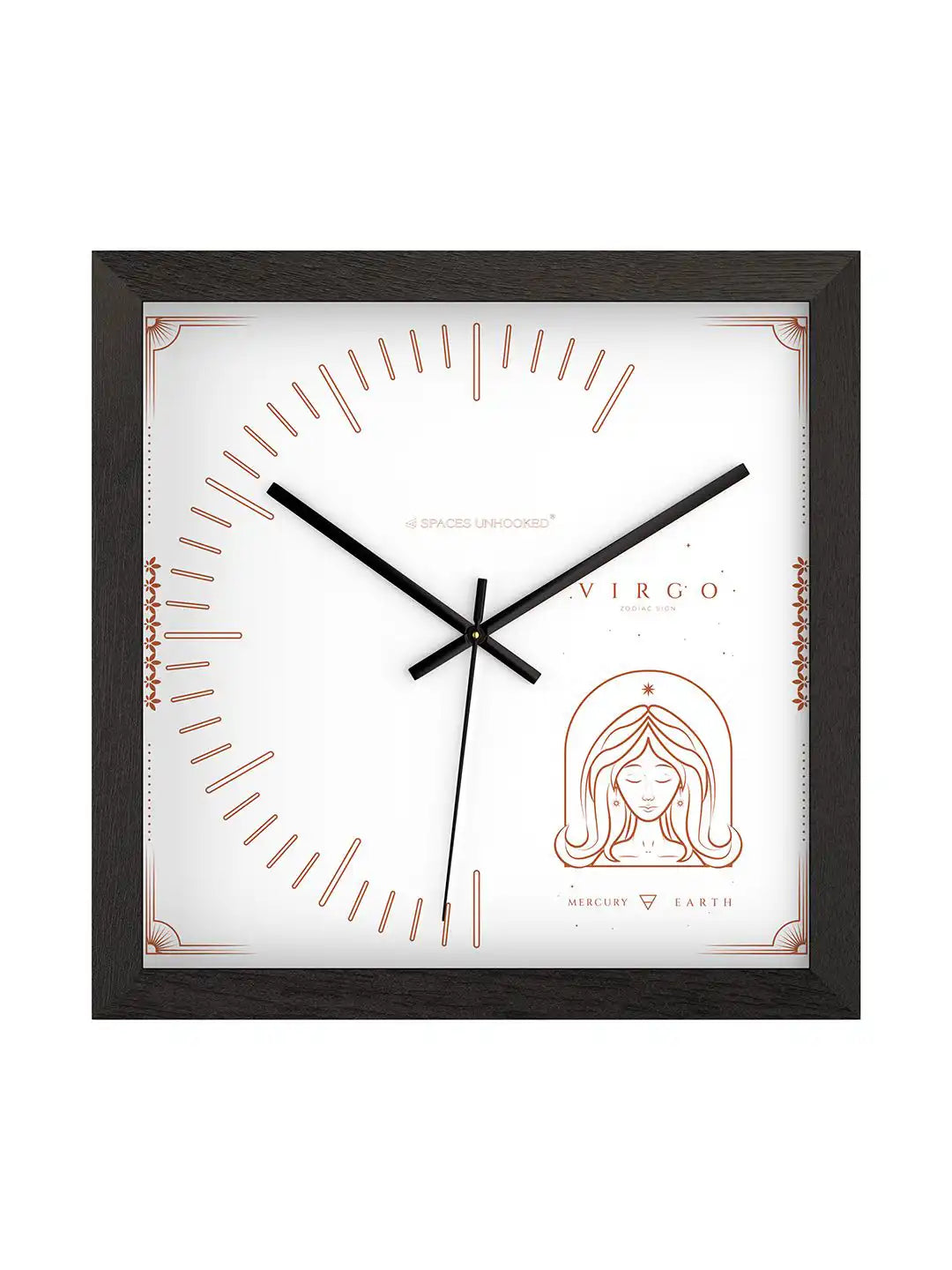 Front White | Virgo wooden wall clock front view, large wooden wall clock with dark wood frame, modern wood wall clock for living room and office décor