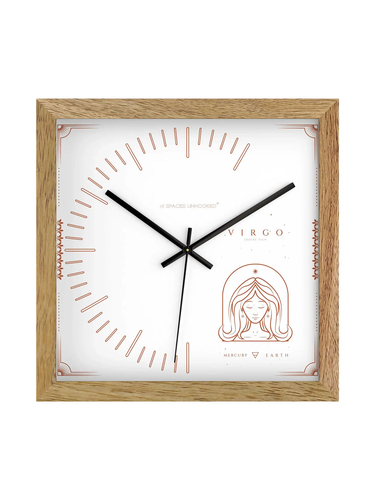 Virgo Zodiac Light Wood Wall Clock – Side View Natural Oak Frame Copper Mercury Earth Deep Shadow Box | Spaces Unhooked
