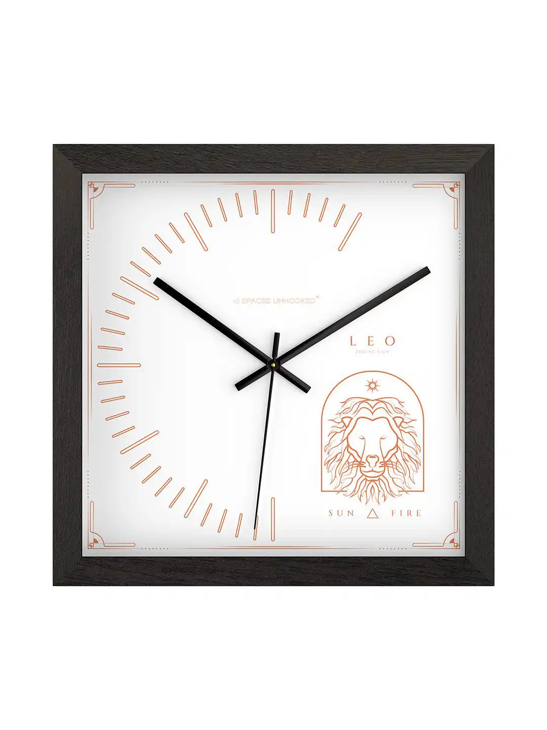 Leo wooden wall clock front view, dark wood frame wall clock with lion zodiac artwork, modern wooden wall clock for living room décor