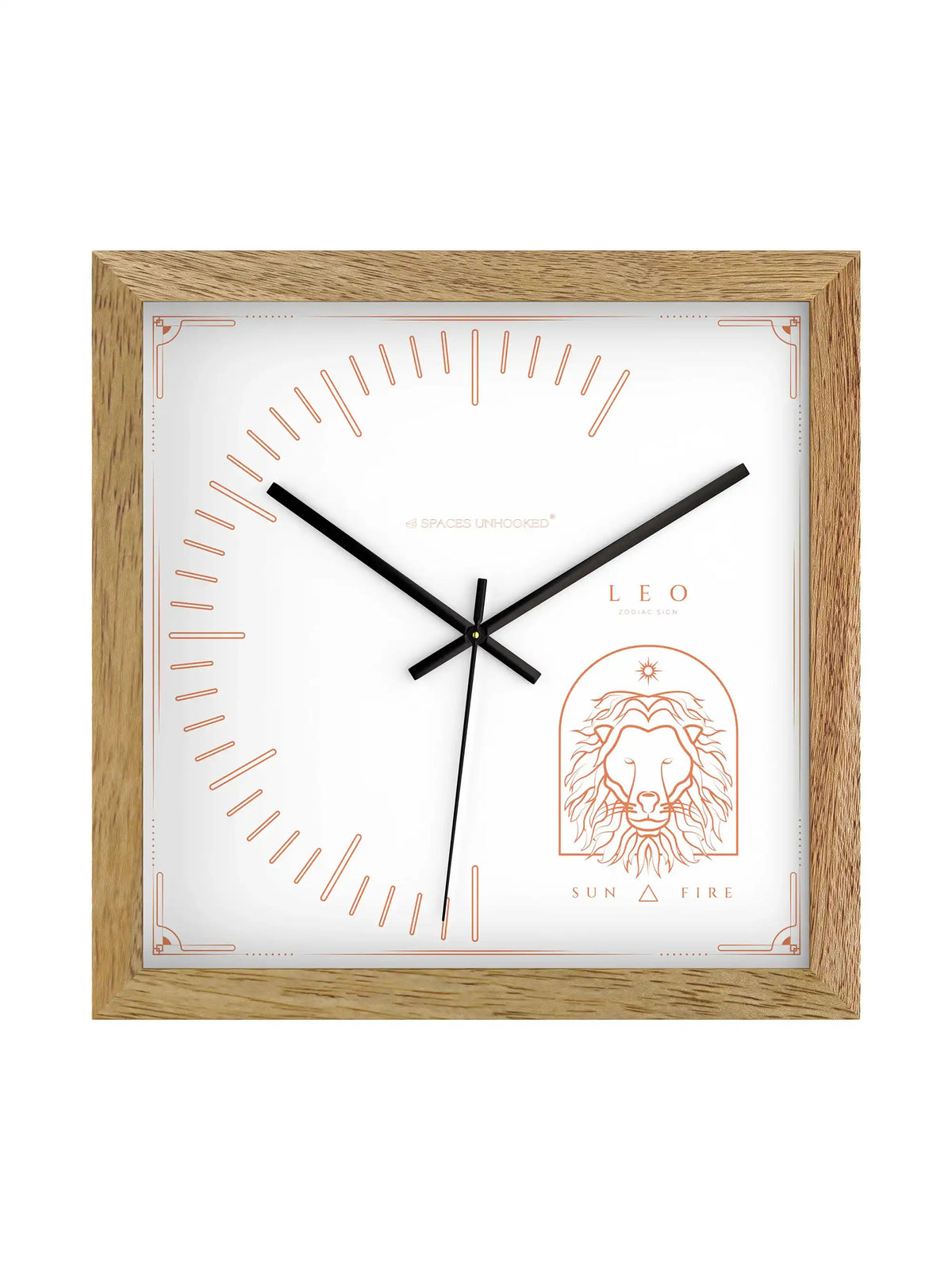 Leo Zodiac Light Wood Wall Clock – Side View Natural Oak Frame Copper Sun Fire Deep Shadow Box | Spaces Unhooked