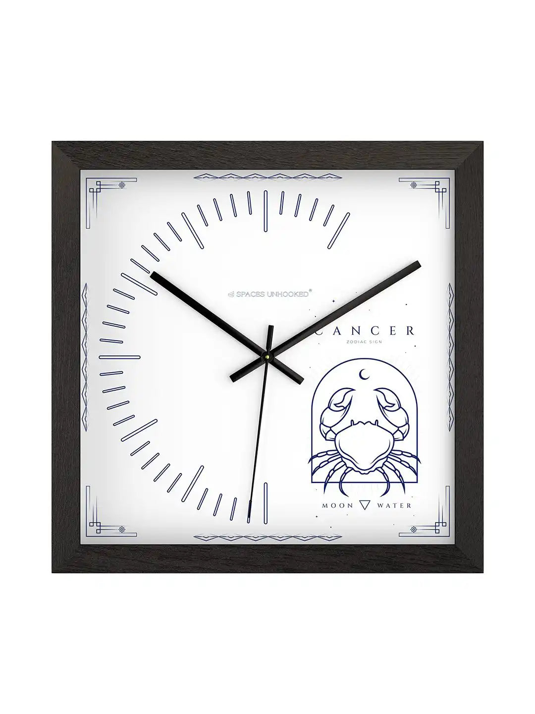 Spaces Unhooked Cancer Zodiac Square Wooden Wall Clock with Dark Wood Frame and Navy Blue Tarot Card Dial - Modern Wood Wall Clock for Living Room