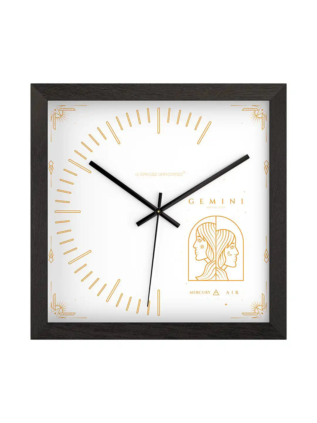 3D Side View of Dark Wood Frame Square Wooden Wall Clock with Gold Gemini Zodiac Card Dial Mercury Air - Large Wooden Wall Clock