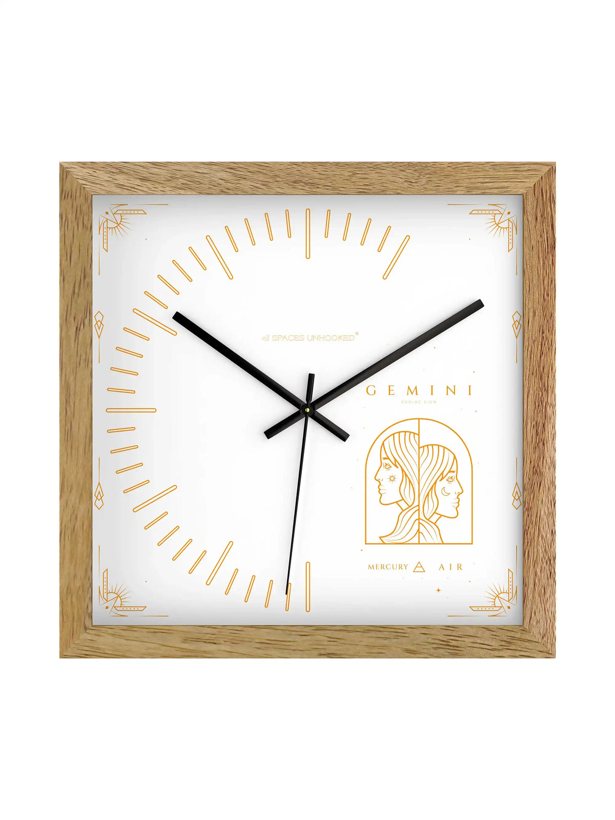 Angled View Gemini Zodiac Wall Clock with Natural Wood Frame