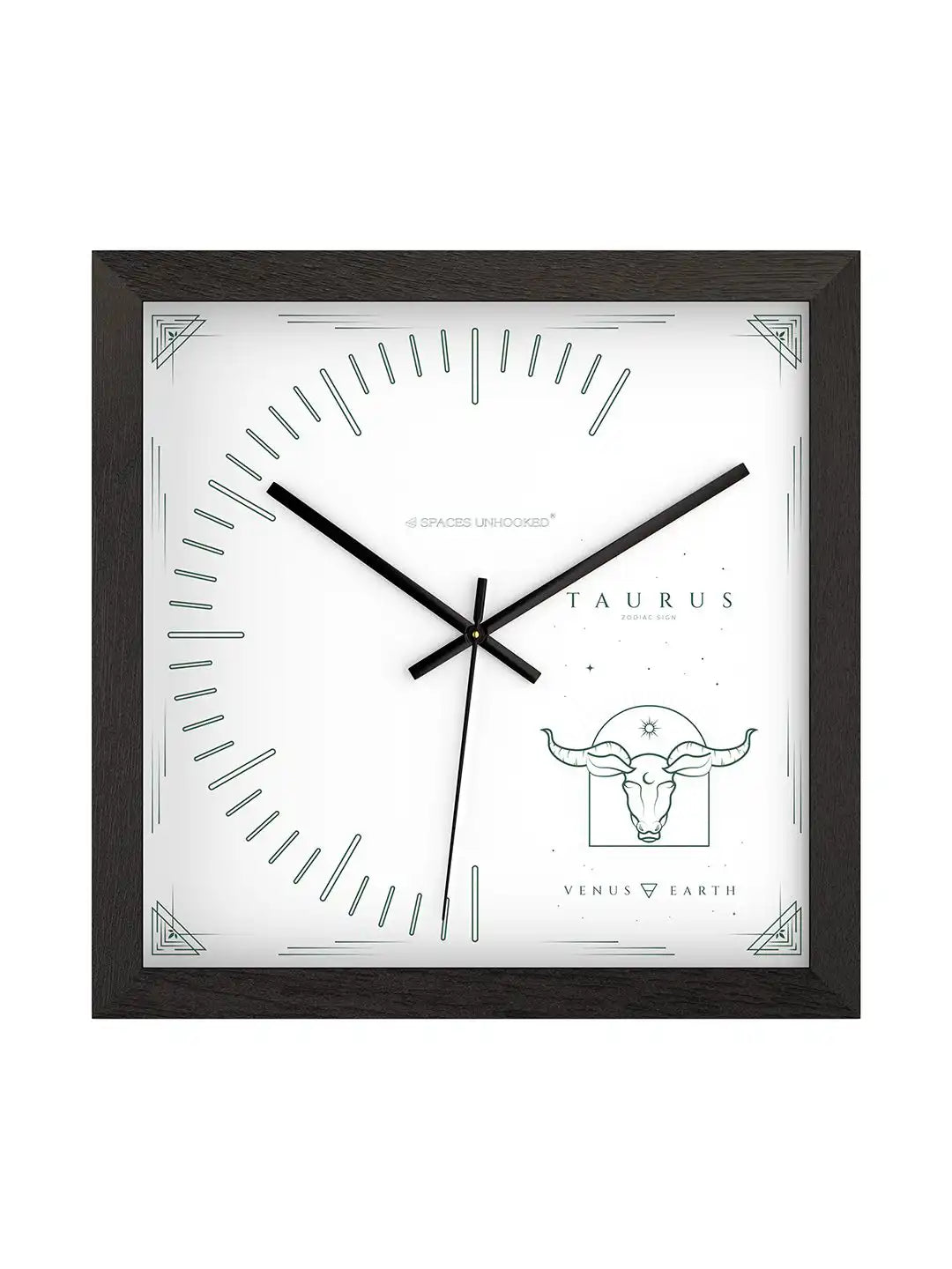 Taurus wooden wall clock front view, dark wood frame wall clock with bull zodiac artwork, modern wooden wall clock for living room décor