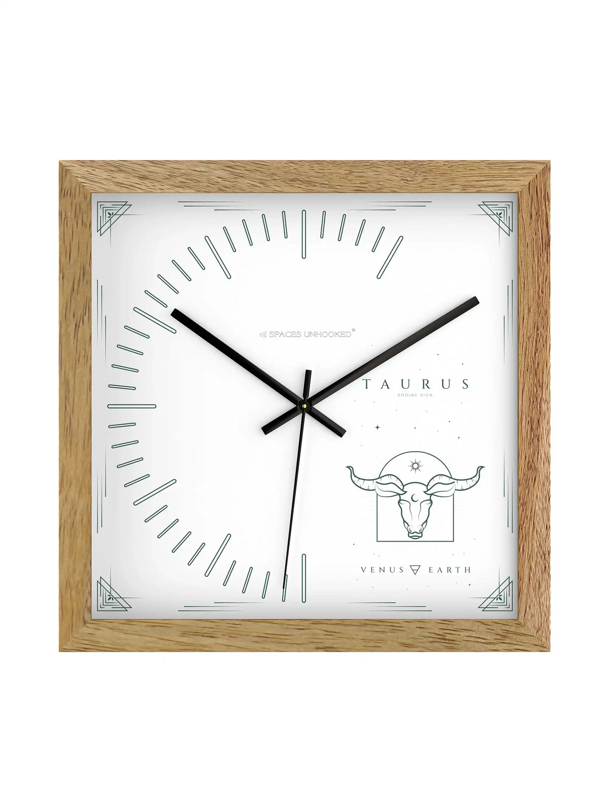 Taurus Zodiac Light Wood Wall Clock – Side View Natural Oak Frame Teal Bull Venus Earth Deep Shadow Box | Spaces Unhooked