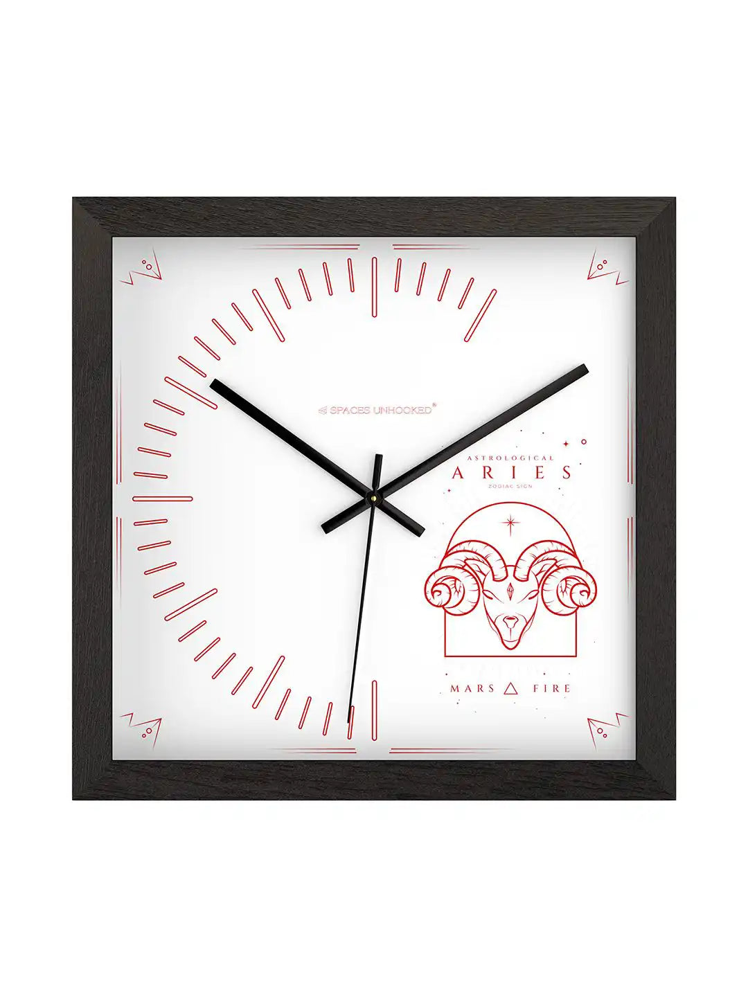 3D Side View of Dark Wood Frame Square Wooden Wall Clock with Red Aries Zodiac Card Dial Mars Fire - Large Wooden Wall Clock