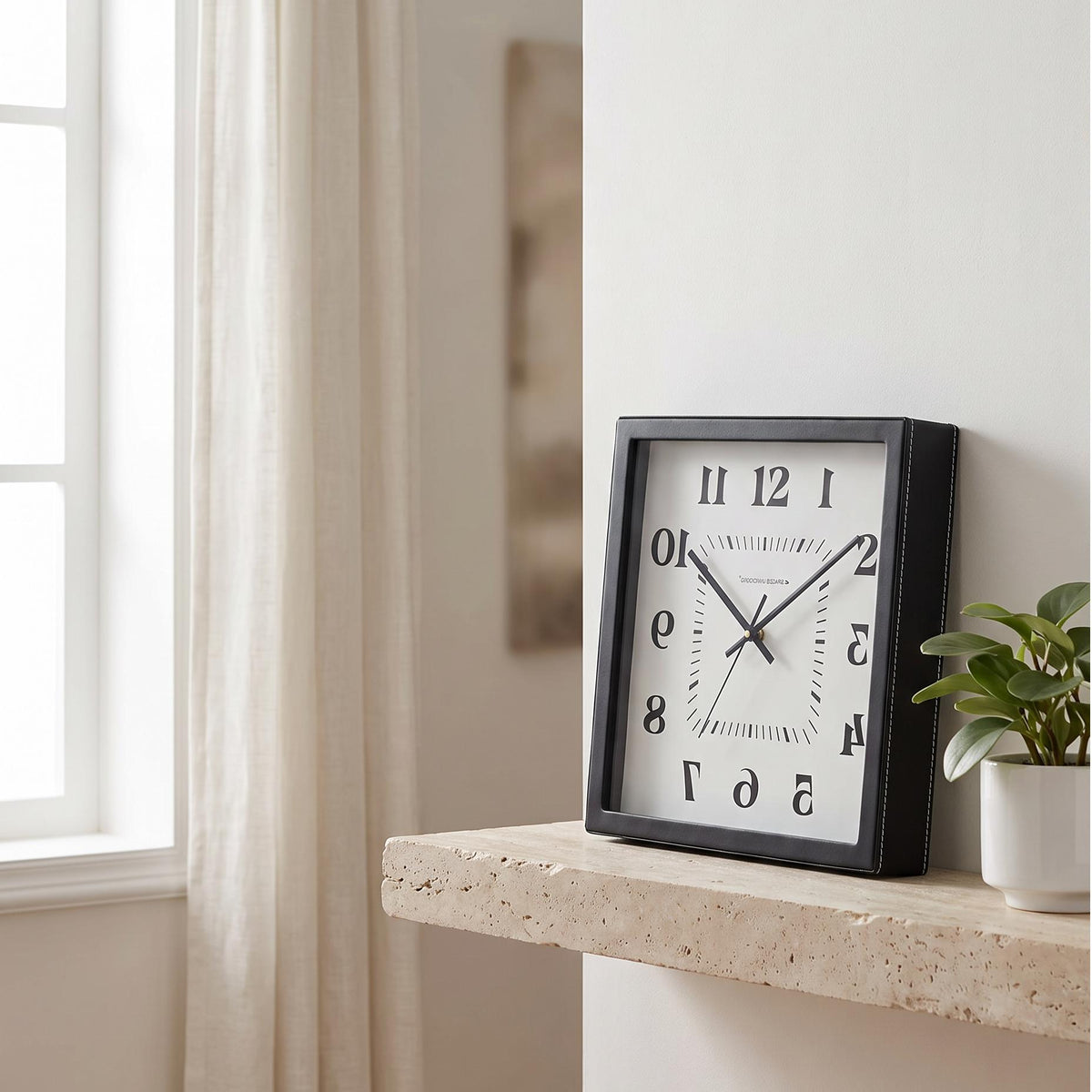 Square black wall clock with mirror-image numerals on a white dial, front view