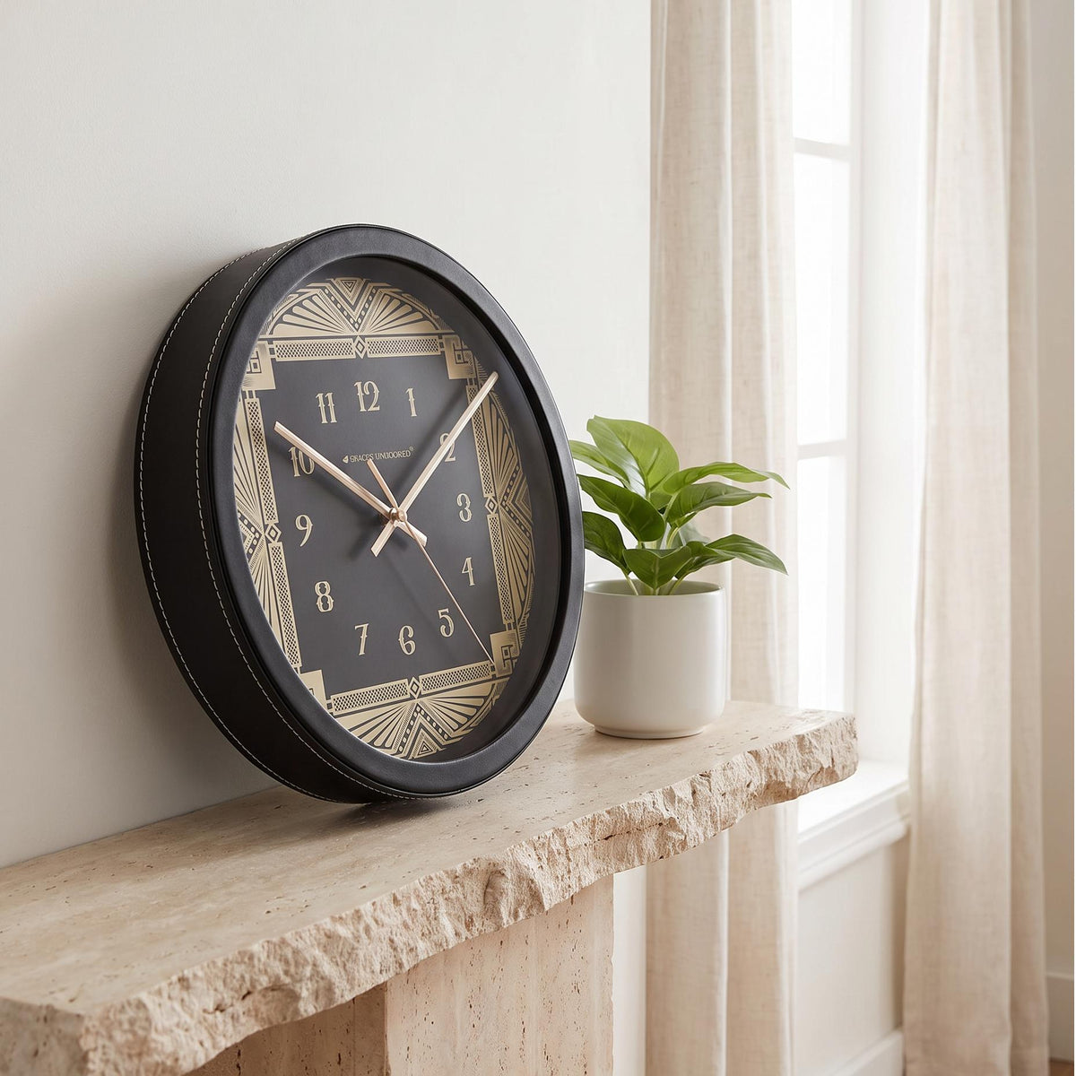 Spaces Unhooked Art Deco Round Wall Clock, Black and Cream
