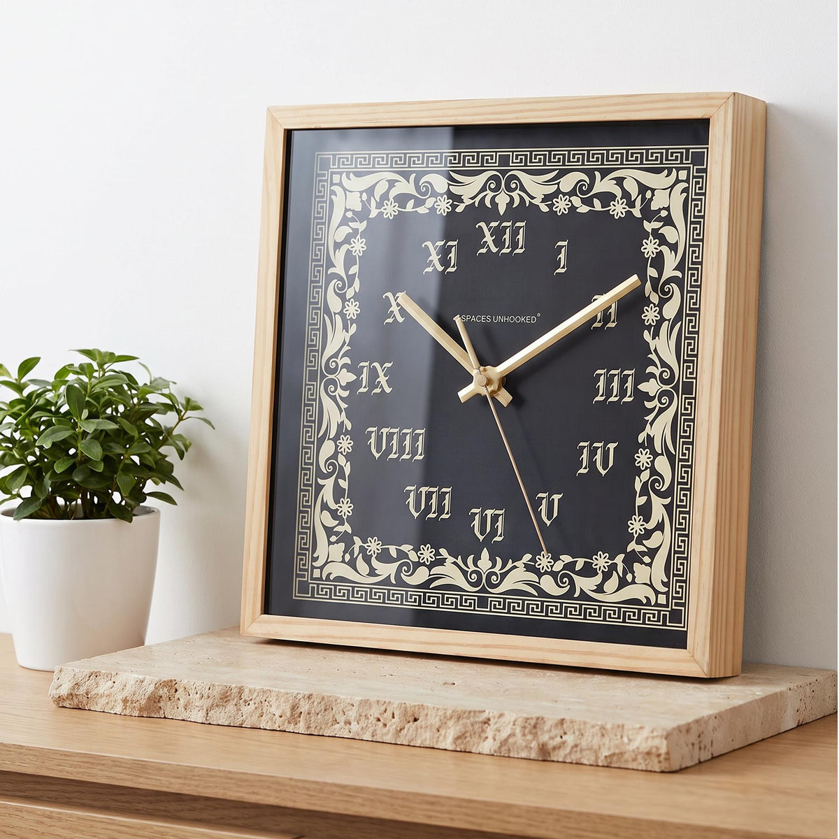 Spaces Unhooked Square Wooden Wall Clock, Black Dial, Roman Numerals