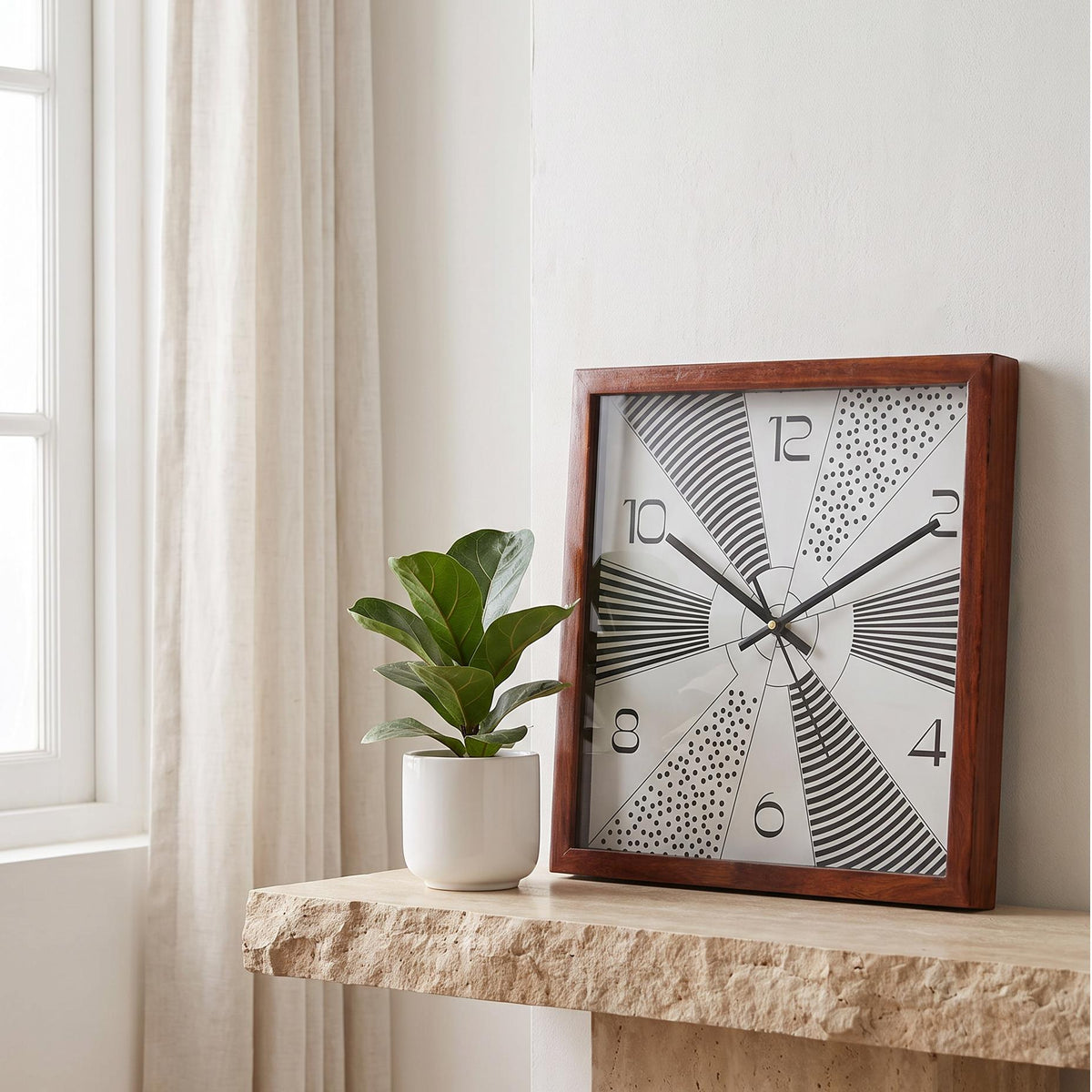 Spaces Unhooked sunburst square wooden wall clock with stripes and dots dial, front view