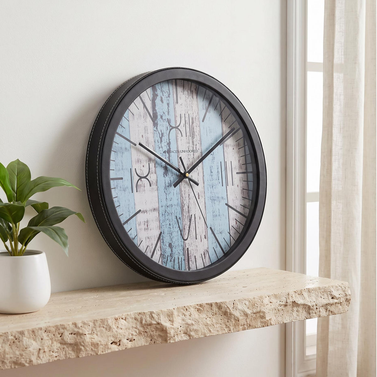 Spaces Unhooked Blue Distressed Plank Round Wall Clock