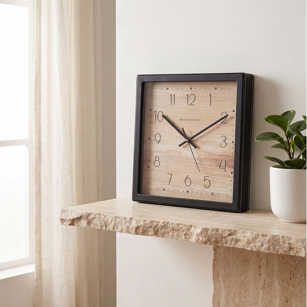 Spaces Unhooked Square Wall Clock, Light Wood Grain Dial, Black Frame