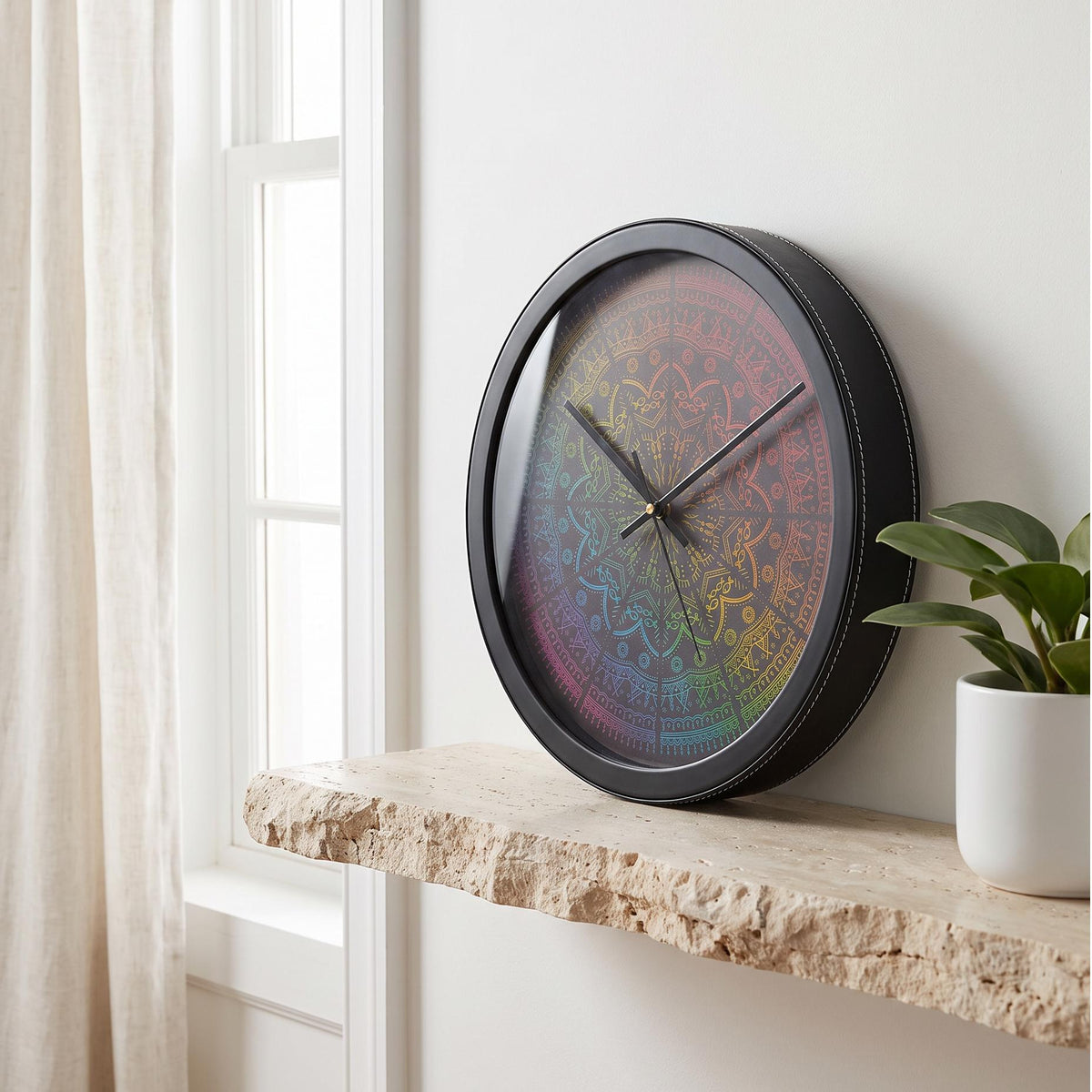 Spaces Unhooked Rainbow Mandala Round Wall Clock, Dark Dial