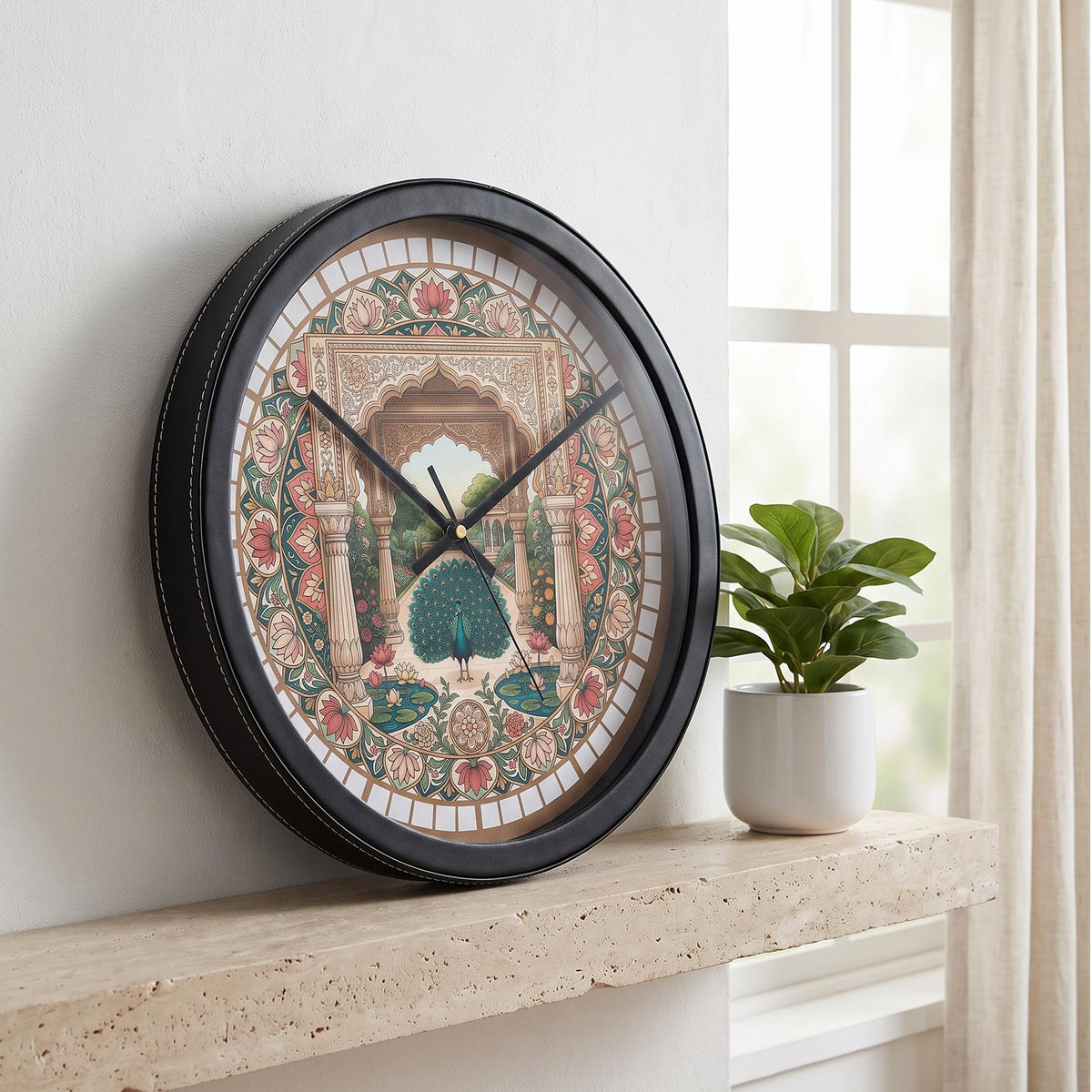 Spaces Unhooked Peacock Indian Art Round Wall Clock, Floral