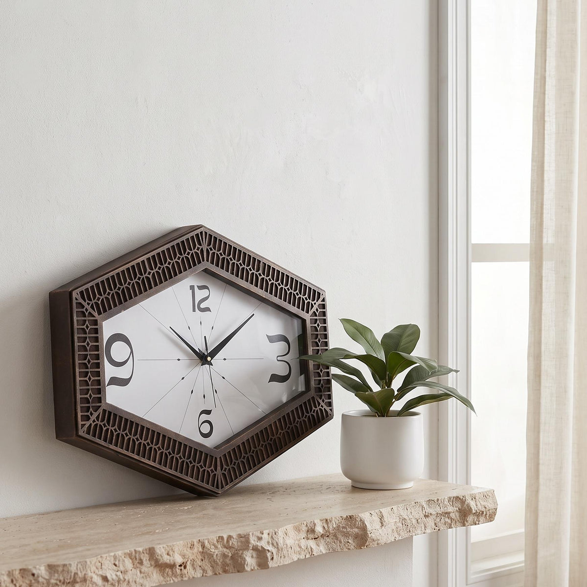 Spaces Unhooked Hexagonal Wall Clock, Dark Brown Lattice Frame