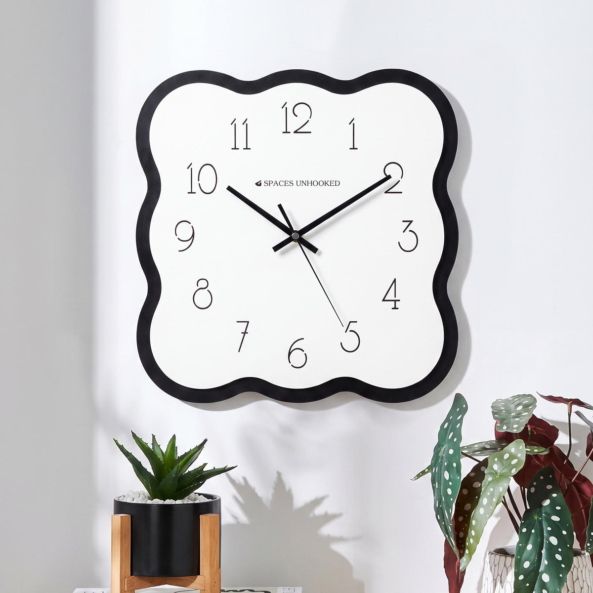 Spaces Unhooked Wavy Wall Clock, Black Scalloped Frame, Slim Numerals