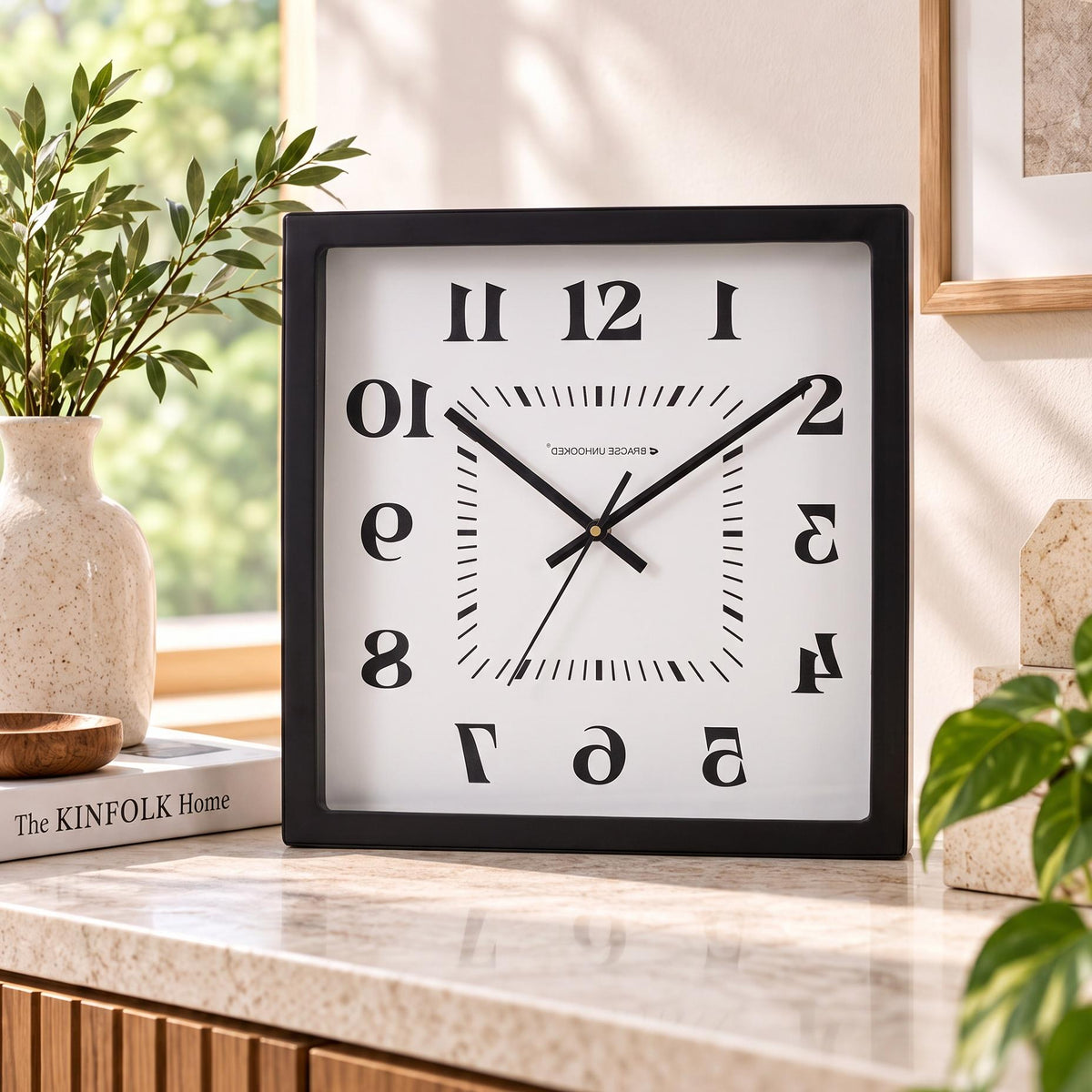 Mirror numerals wall clock on a hallway wall beside framed art