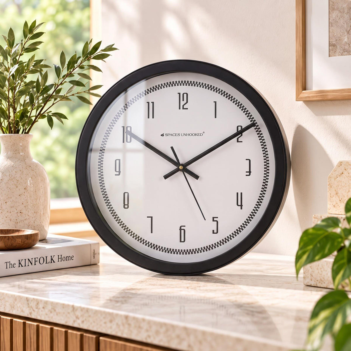 Spaces Unhooked Checkered Border Round Wall Clock, Retro Numerals