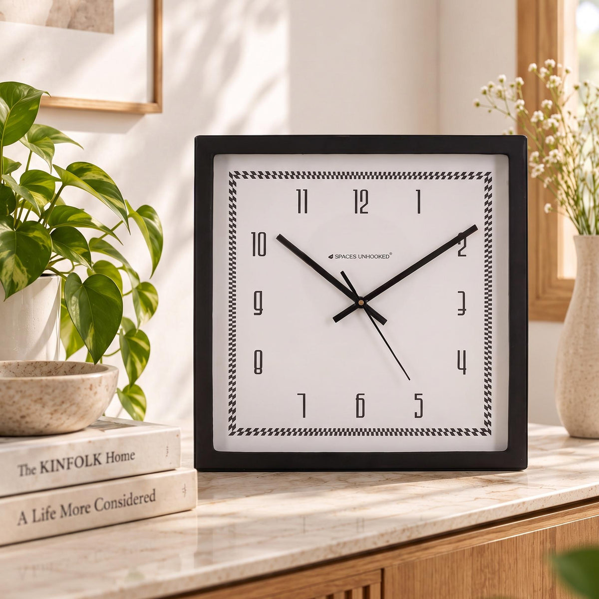 Checked border wall clock on a hallway wall beside a console