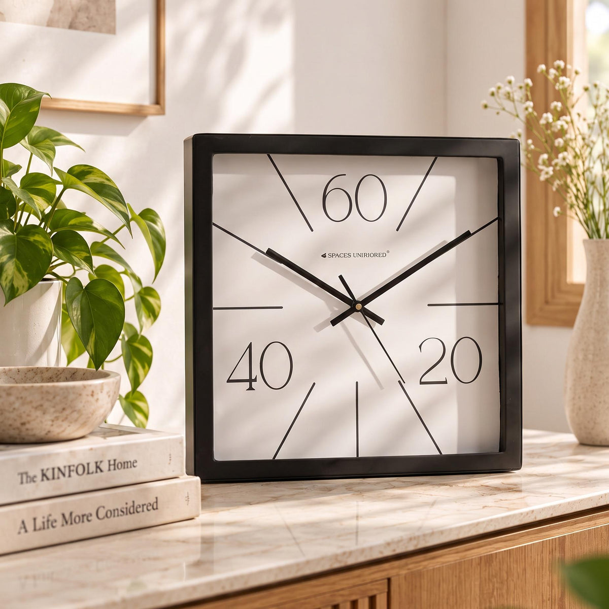 Radial line wall clock on a hallway wall beside a mirror