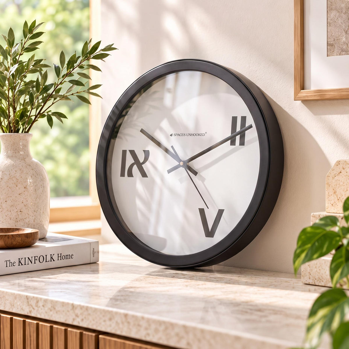 Spaces Unhooked Modern Roman Numeral Round Wall Clock, Three-Numeral