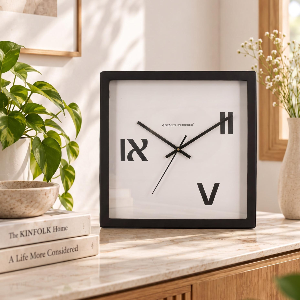 Square black wall clock with three bold Roman numerals on a plain white dial, front view