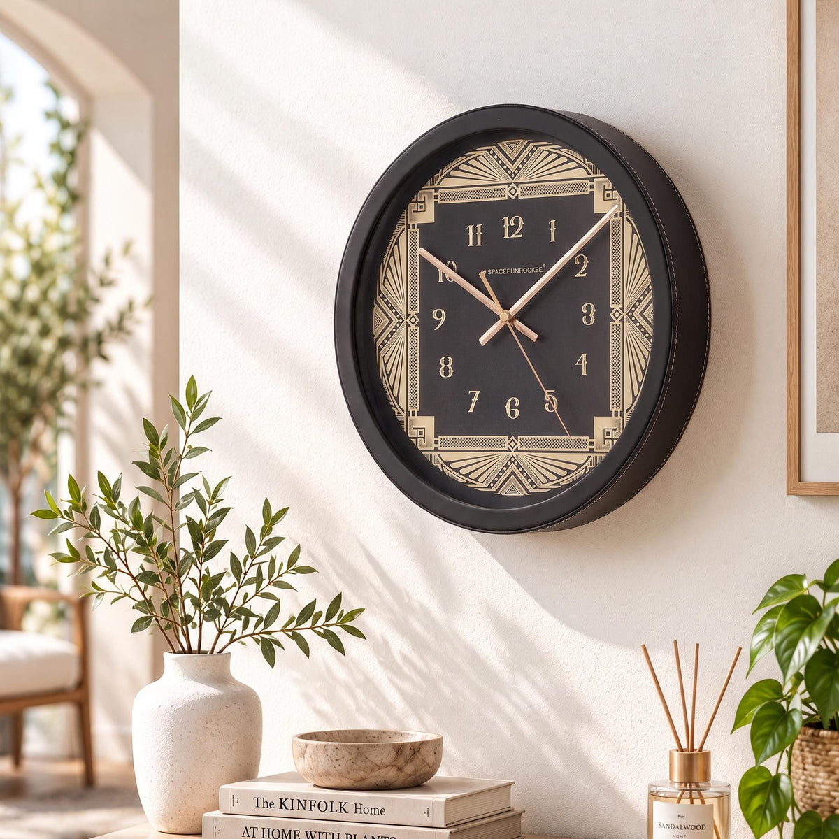 Spaces Unhooked Art Deco Round Wall Clock, Black and Cream