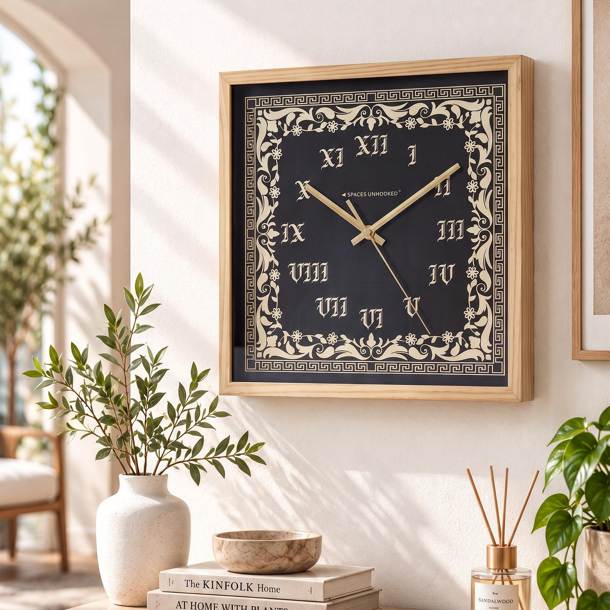 Spaces Unhooked Square Wooden Wall Clock, Black Dial, Roman Numerals