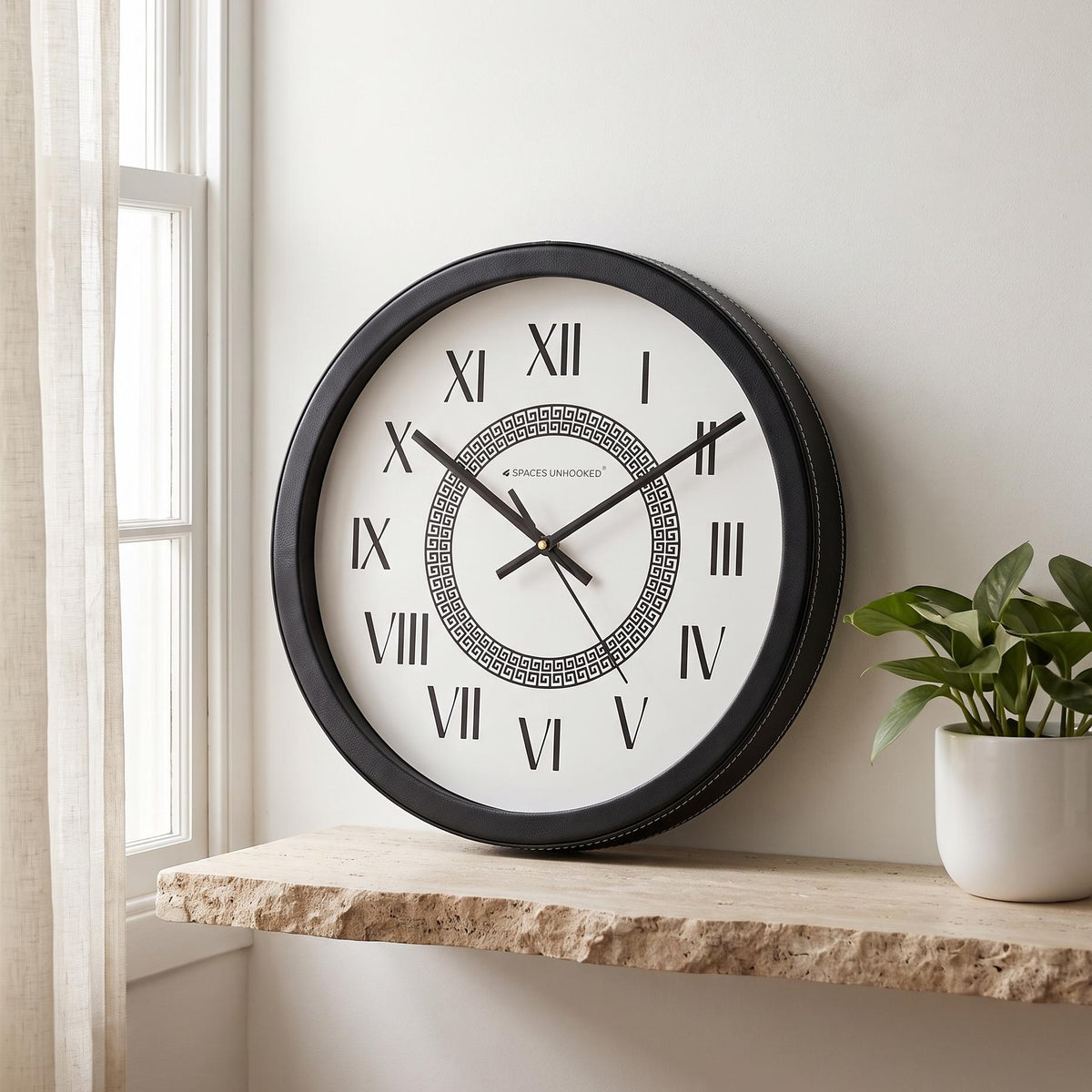 Spaces Unhooked Round Wall Clock, Roman Numerals, Greek Key Centre