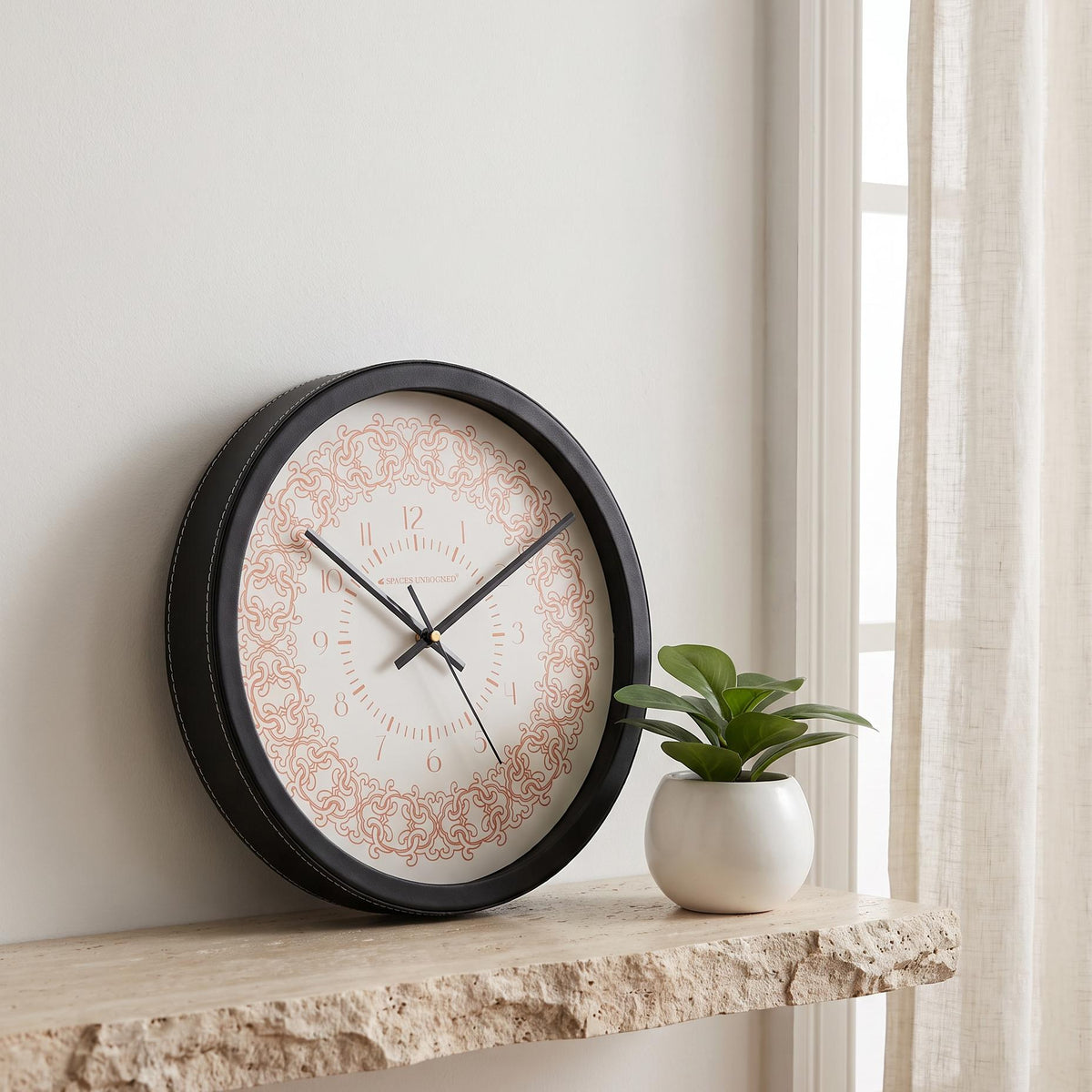 Spaces Unhooked Round Wall Clock, Coral Filigree Pattern, White Dial