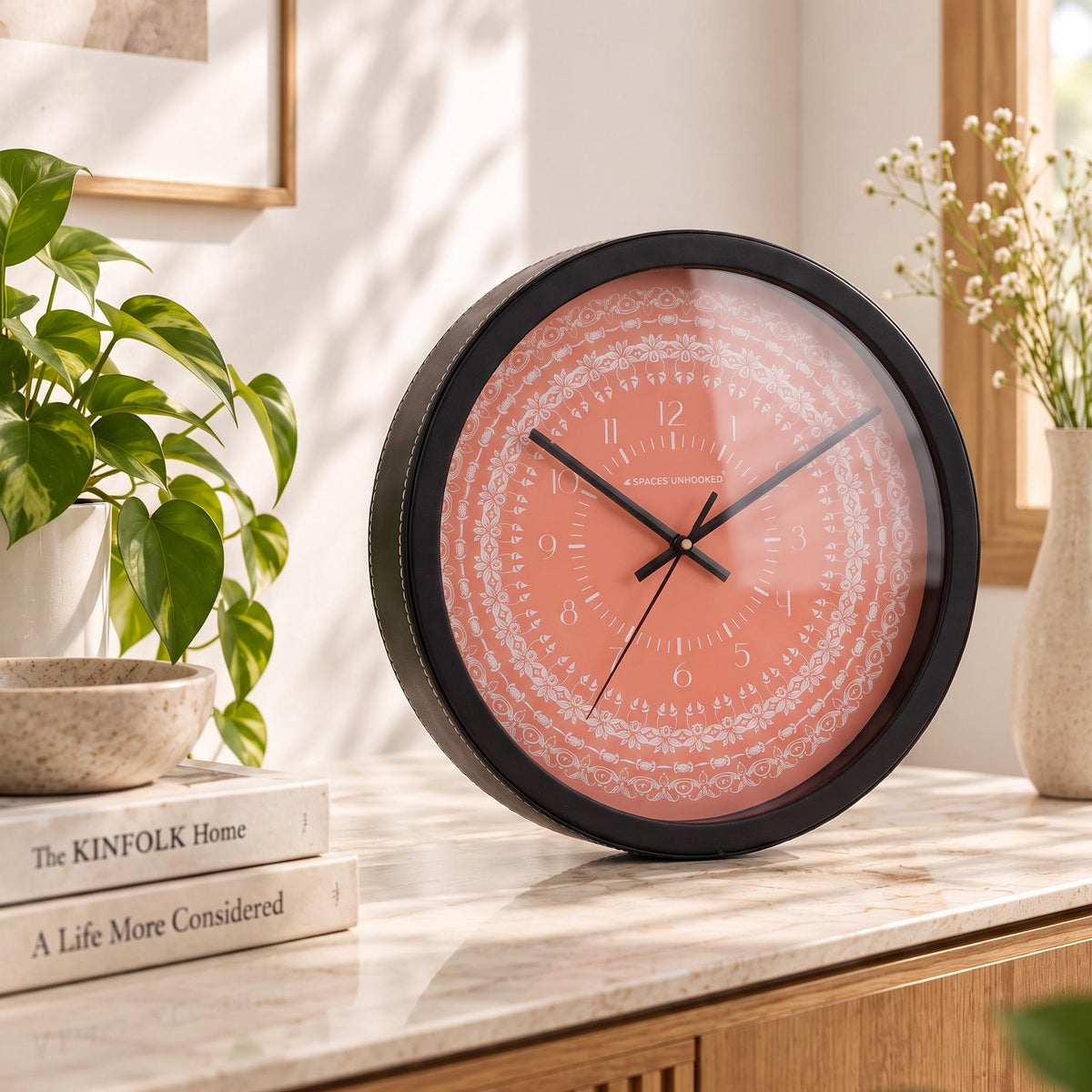 Spaces Unhooked Coral Mandala Round Wall Clock, Floral Lace Dial