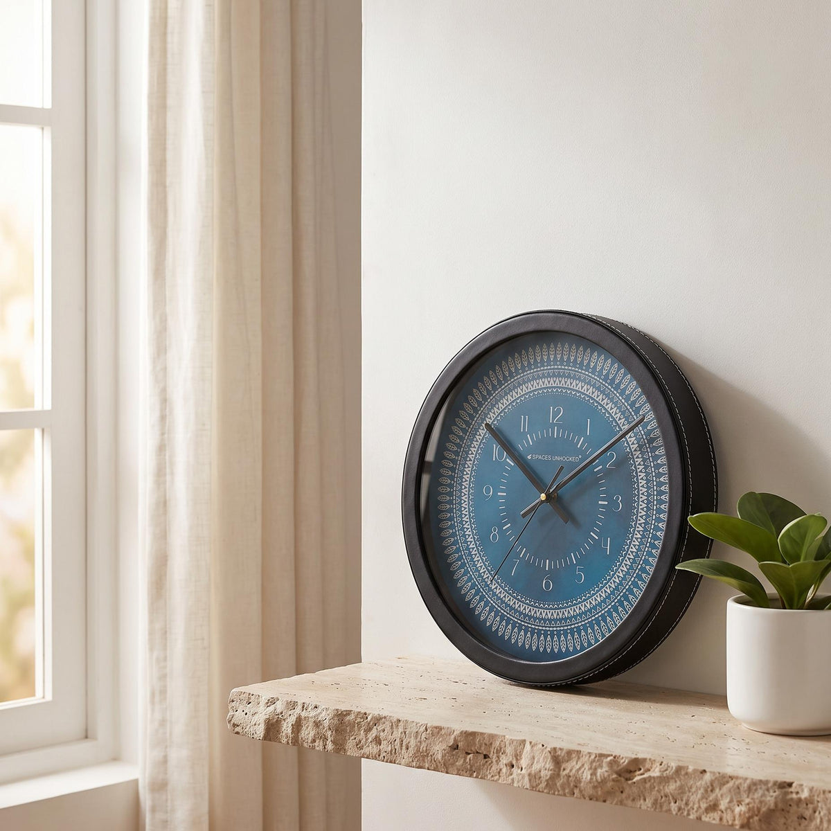 Spaces Unhooked Round Wall Clock, Teal Blue Dial, Leaf Mandala Pattern