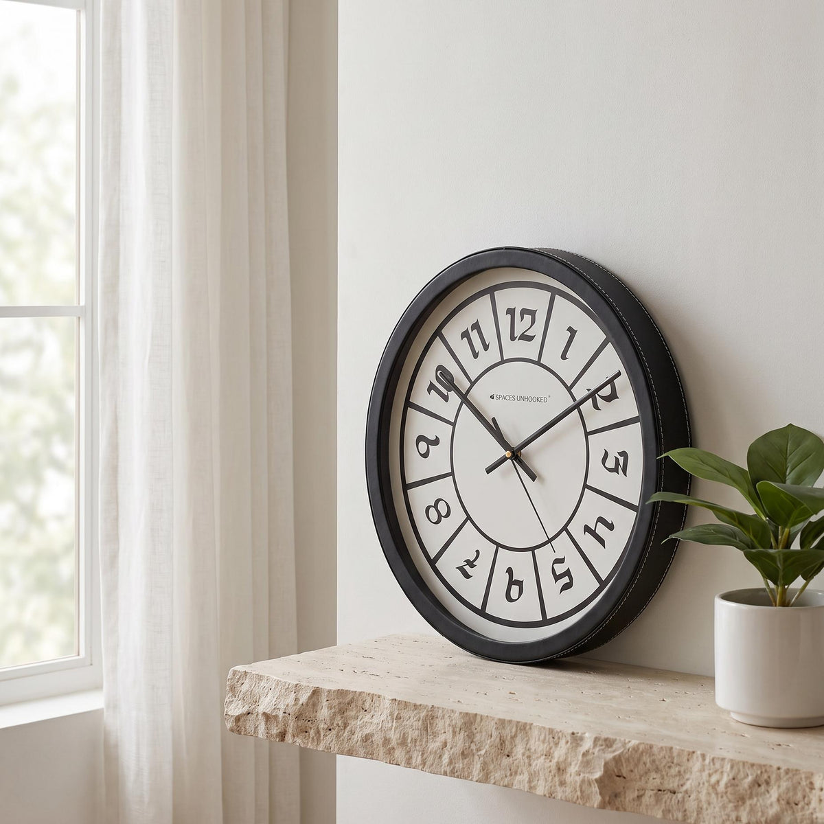 Spaces Unhooked Round Wall Clock, Boxed Numerals, Black and White Dial