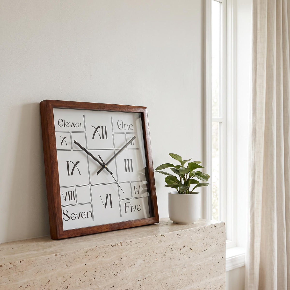 Spaces Unhooked Square Wooden Wall Clock, Roman Numerals and Words