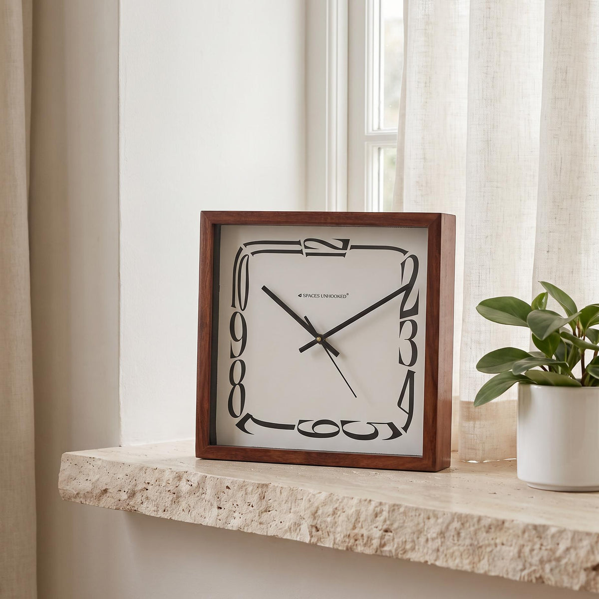 Spaces Unhooked Square Wooden Wall Clock, Warped Numerals, Brown Frame